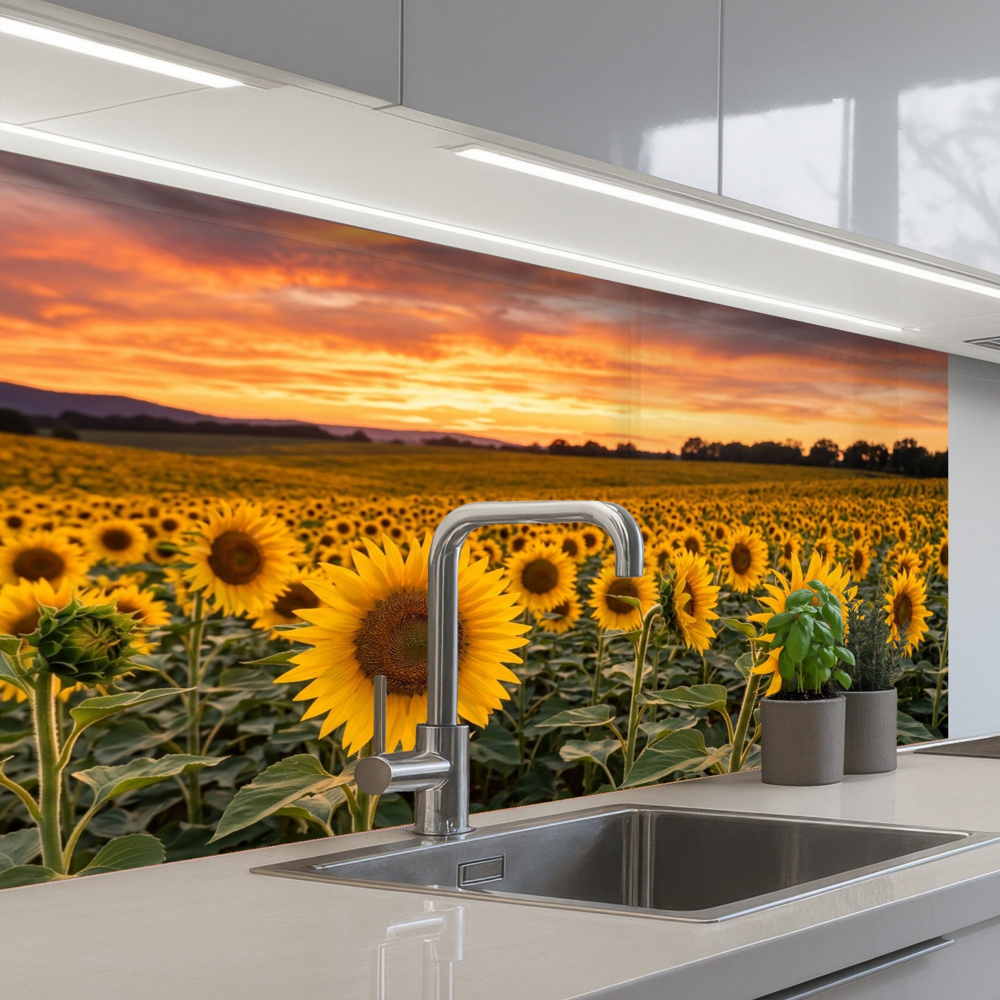 KitchenYeah Küchenrückwand selbstklebend (keine Folie) Sonnenblumen - Hügellandschaft - Gelb, (1-tlg), Küchenspritzschutz, Küche, Rückwand, Küchenwand, Wandschutz, 100x60 cm