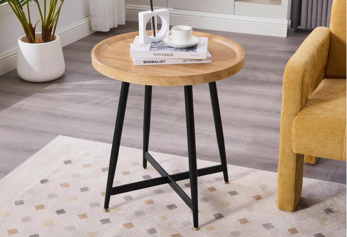 LVHOM Beistelltisch 55x55x60cm runder Couchtisch, verstellbare, rutschfeste Beine (3 cm dicke Tischplatte, stabile kreuzförmige Metallbeine, bis 30 kg, kratzfest und wasserfest, pflegeleicht), ideal als Beistelltisch,Nachttisch oder kleines Regal im Arbeitszimmer
