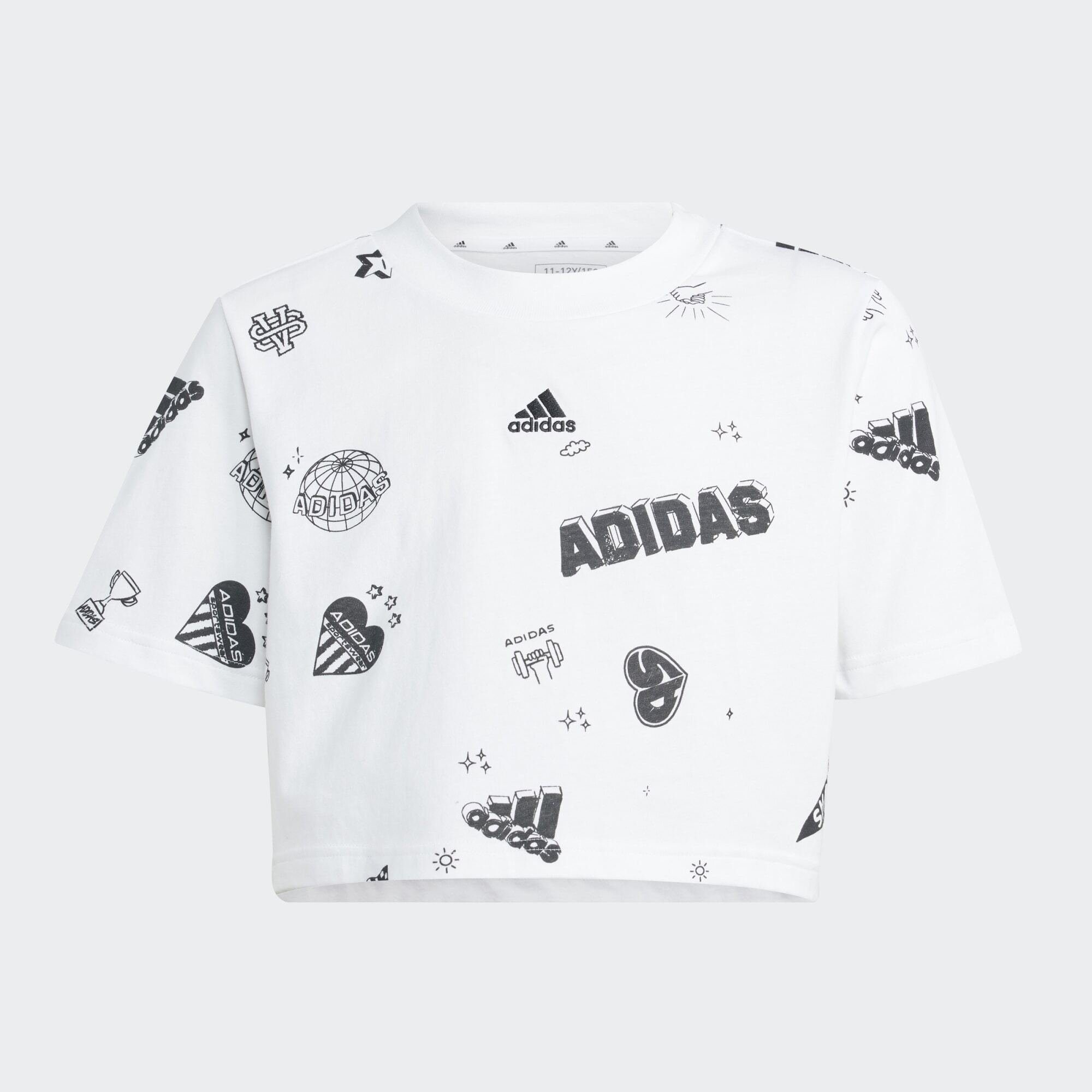 adidas Sportswear T-Shirt BRAND LOVE ALLOVER PRINT KIDS CROP-SHIRT White / Black / Black