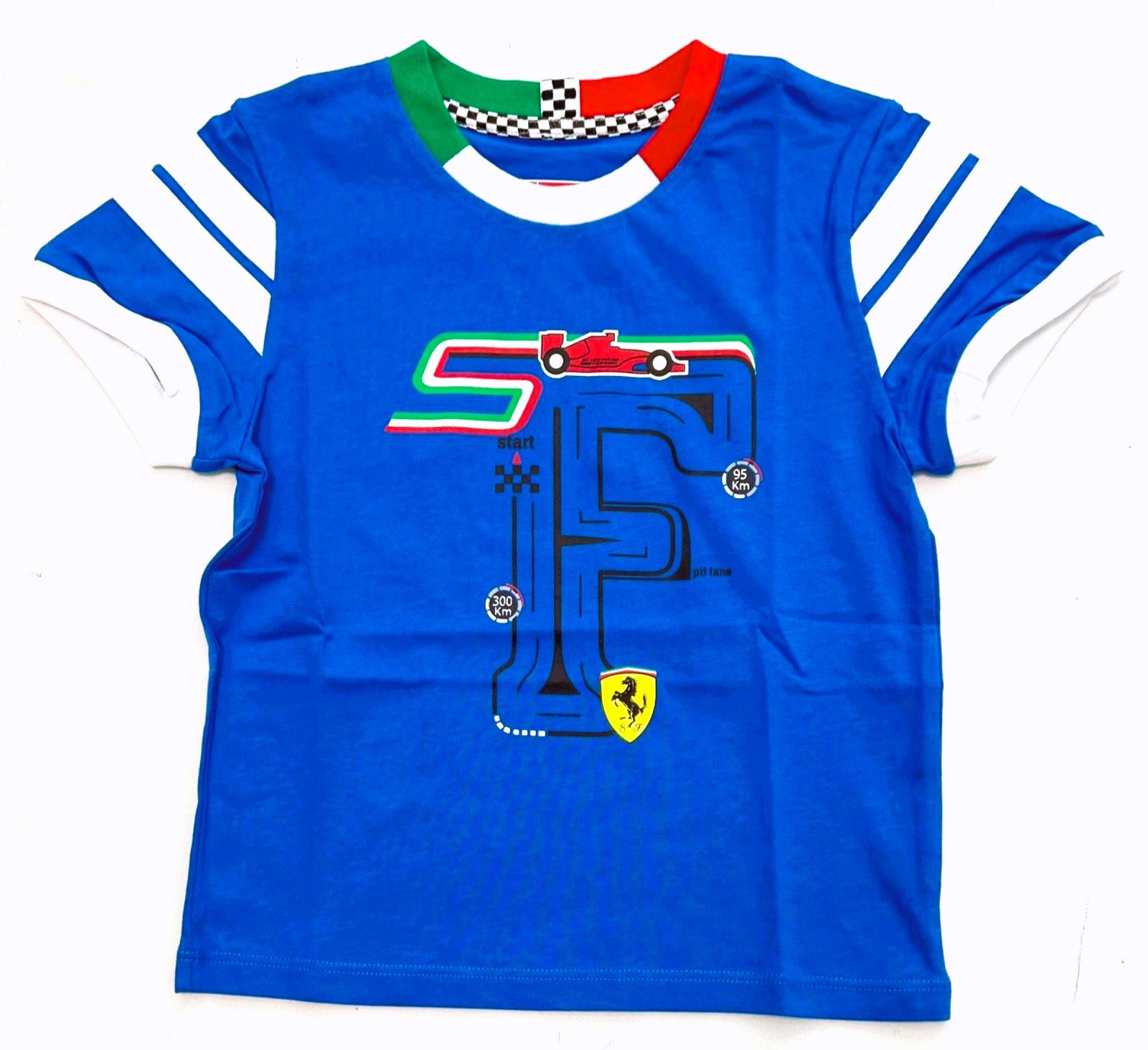 Ferrari Print-Shirt Ferrari Kinder T-Shirts, FERRARI KID F-Racing Track T- Shirt, Blau aus Baumwolle, Rundhalsausschnitt