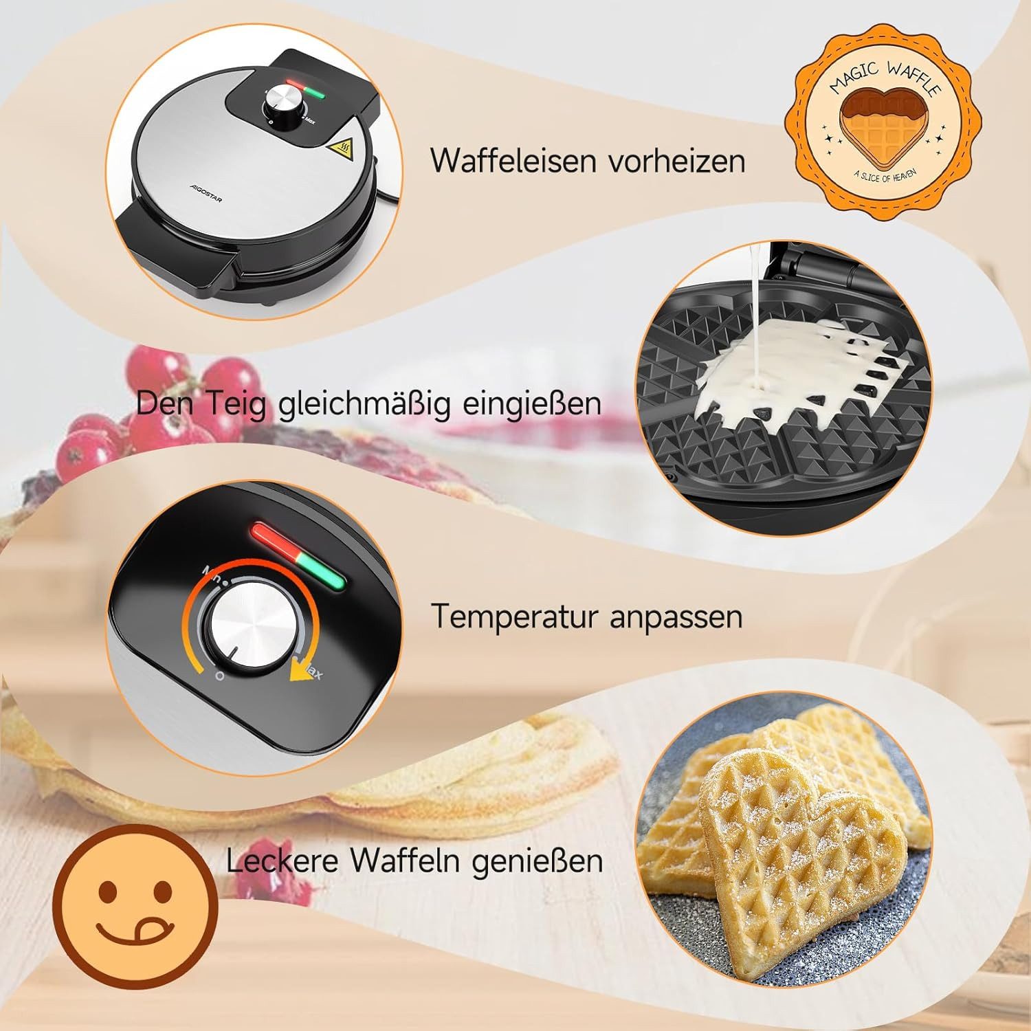 Aigostar Waffeleisen für 5 Herz-Waffeln, 1000W, Antihaft-Platten, Einstellbarer Temperatur, 1000 W, LED-Anzeige, Cool-Touch-Griff, kompaktes Edelstahl-Design, B – Bild 5 von 5