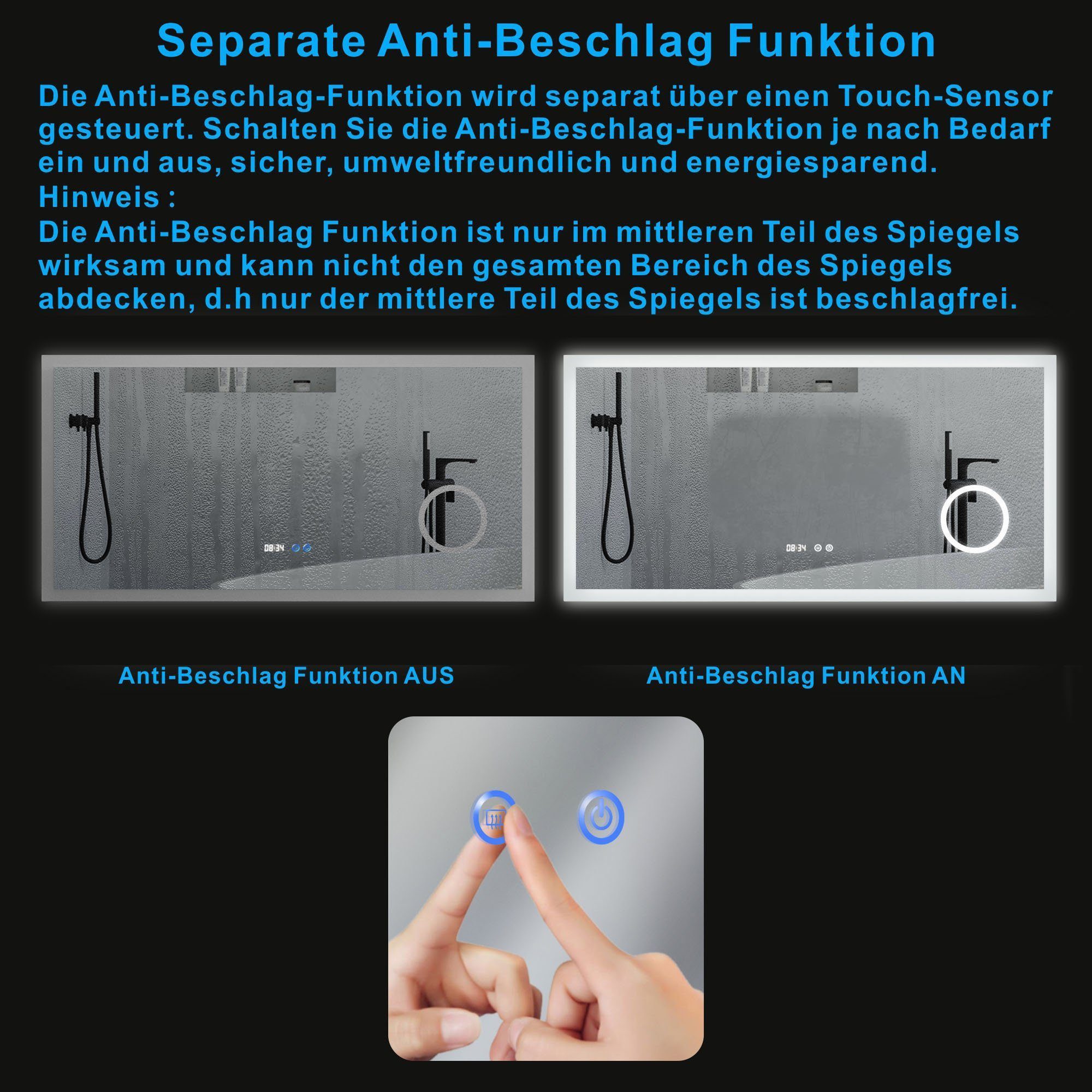 AQUABATOS Badspiegel Led Spiegel mit Beleuchtung Badspiegel Badzimmerspiegel Wandspiegel, Digital Uhr Kosmetikspiegel Beschlagfrei Kaltweiß Rechteckige Ecken – Bild 5 von 5