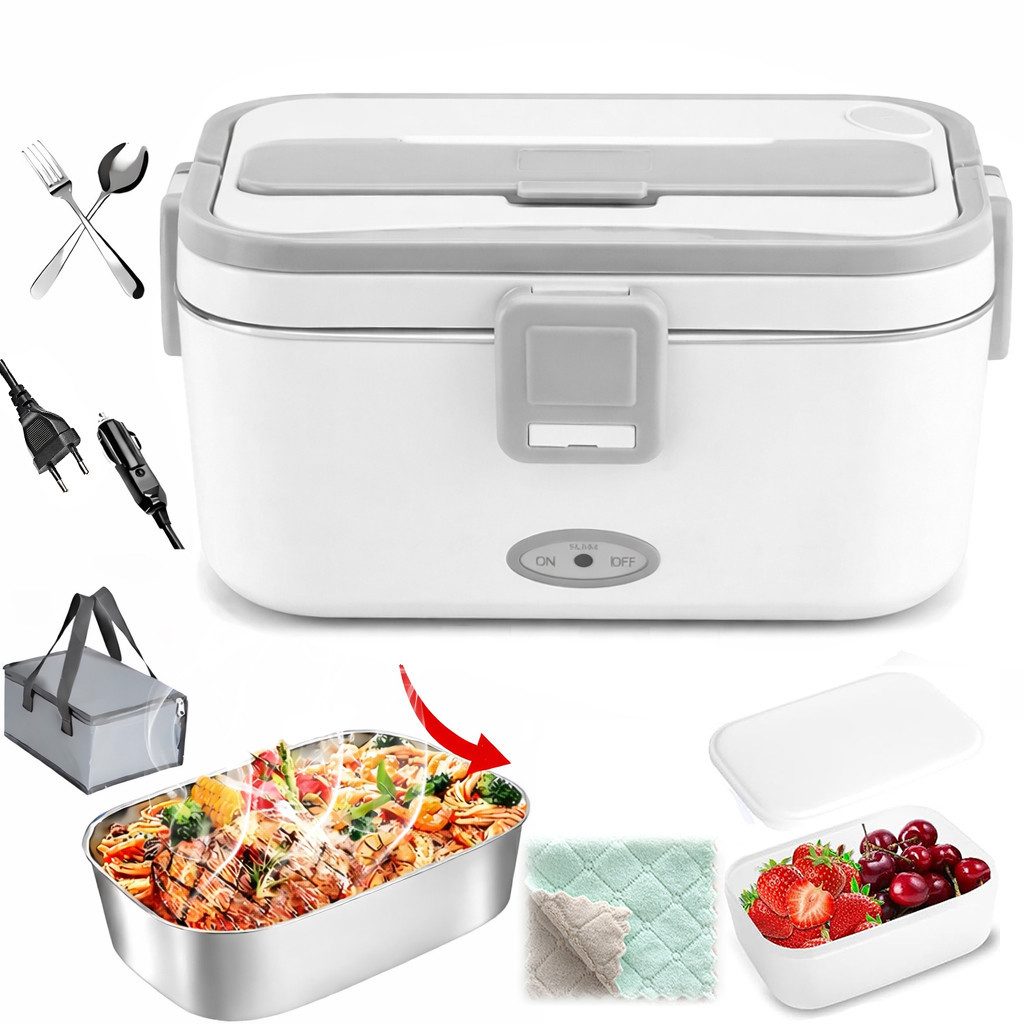 MOPUEA Elektrische Lunchbox 3 in 1 Elektrische Lunchbox Brotdose aus Edelstahl für Zuhause Auto, (1,8 L Großes Fassungsvermögen, Mit 12V/24V Autoadapter und 230V Netzadapter), Großes Fassungsvermögen mit Tragetasche und Reinigungstuch