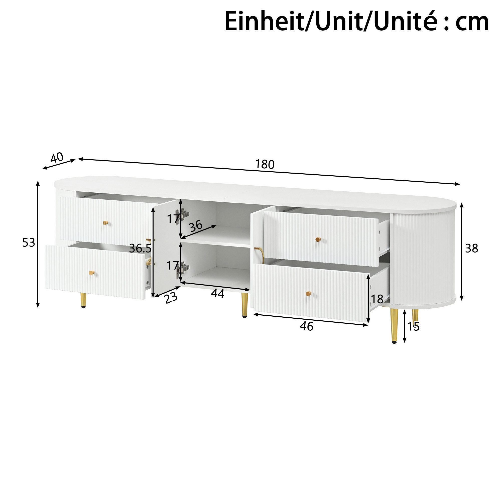 Merax Lowboard mit 3D Wellenfront & abgerundeten Kanten (180 x 40 x 38 cm, 1 St., TV Möbel mit Aluminiumgriffen & Kabeldurchlass), TV-Schrank mit 4 Schubladen,  – Bild 4 von 5