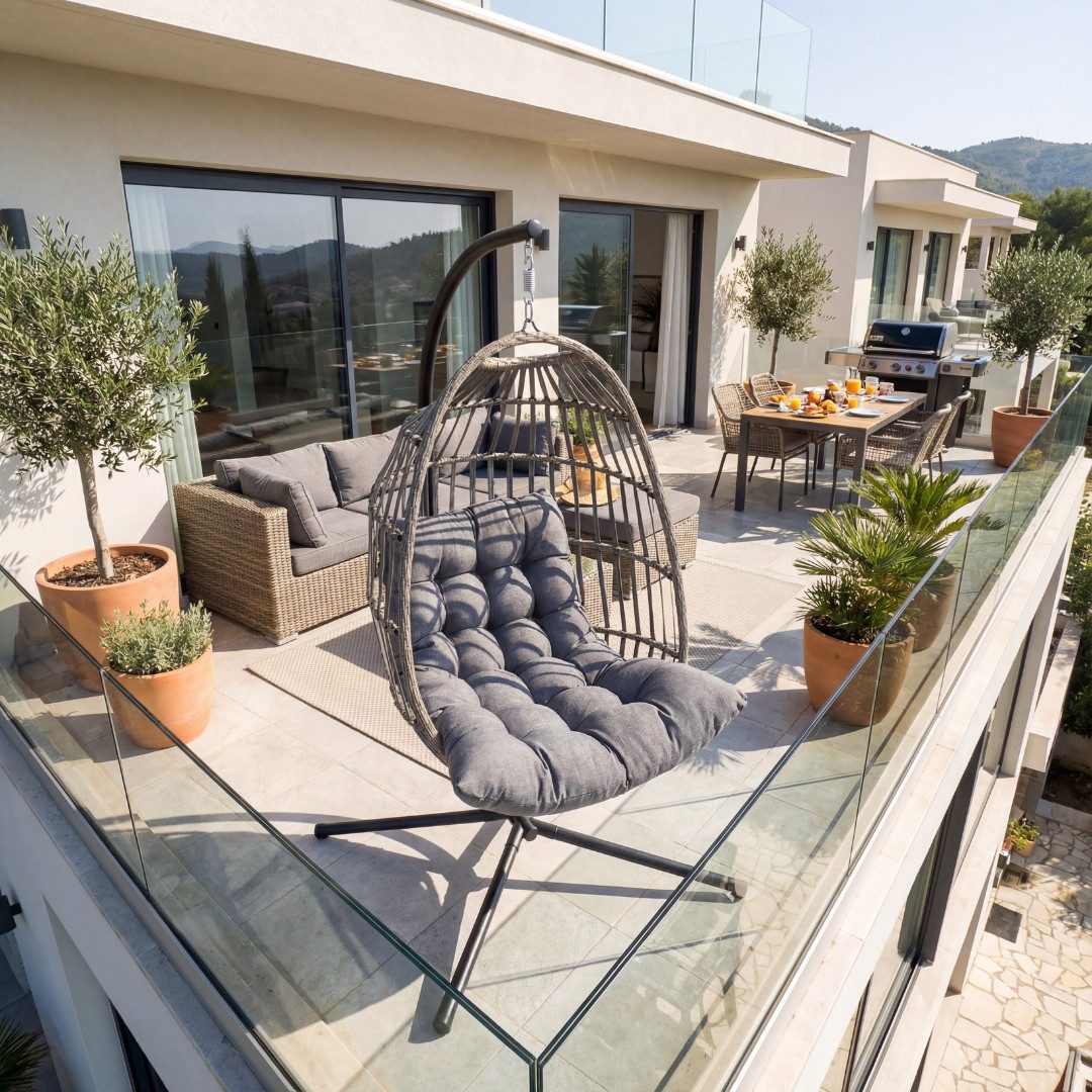 DERKORB Hängesessel Der Hängekorb - Hängesessel mit Gestell und extra dickem Kissen (1-St), Polyrattan, wetterfest, 10cm dickes Sitzkissen, stabiler X-Standfuß