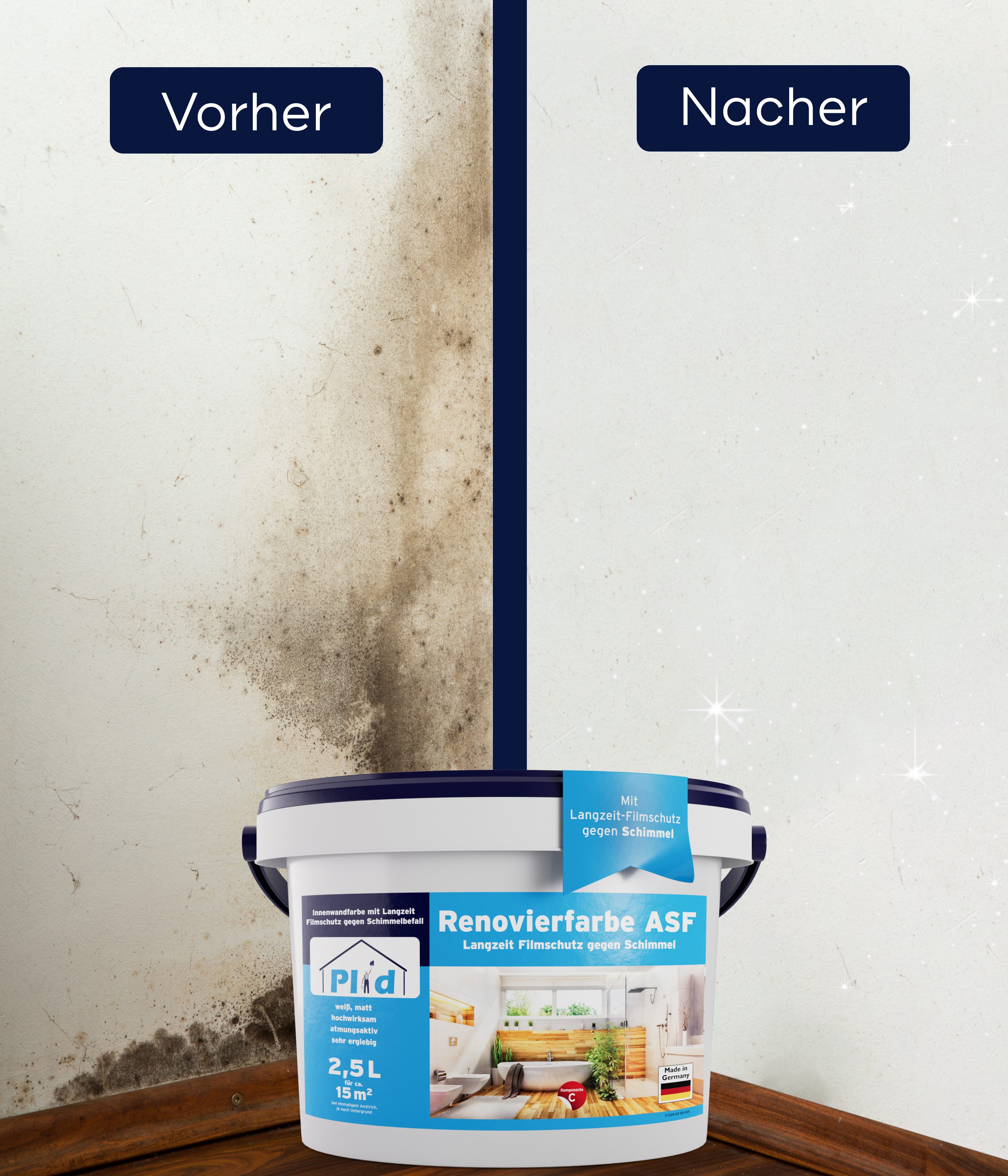Thumbnail - plid Wandfarbe Renovierfarbe ASF Weiß, 2,5l für ca. 15m² alle Wände, Schimmelschutzfarbe Hohe Deckkraft