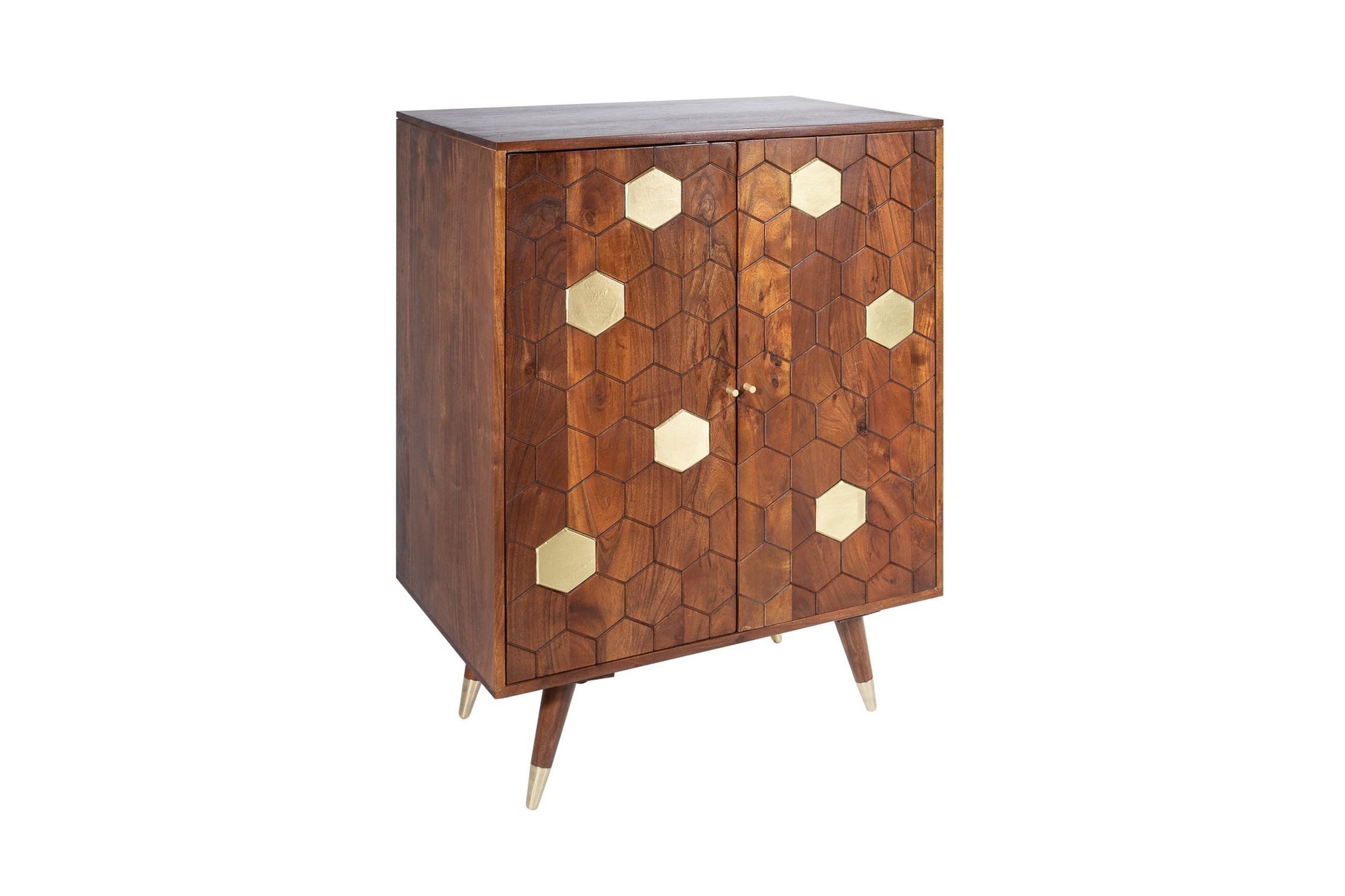 Licht-Erlebnisse Barschrank JAKARTA Retro Design H: 96 cm in Natur Gold Holz Metall