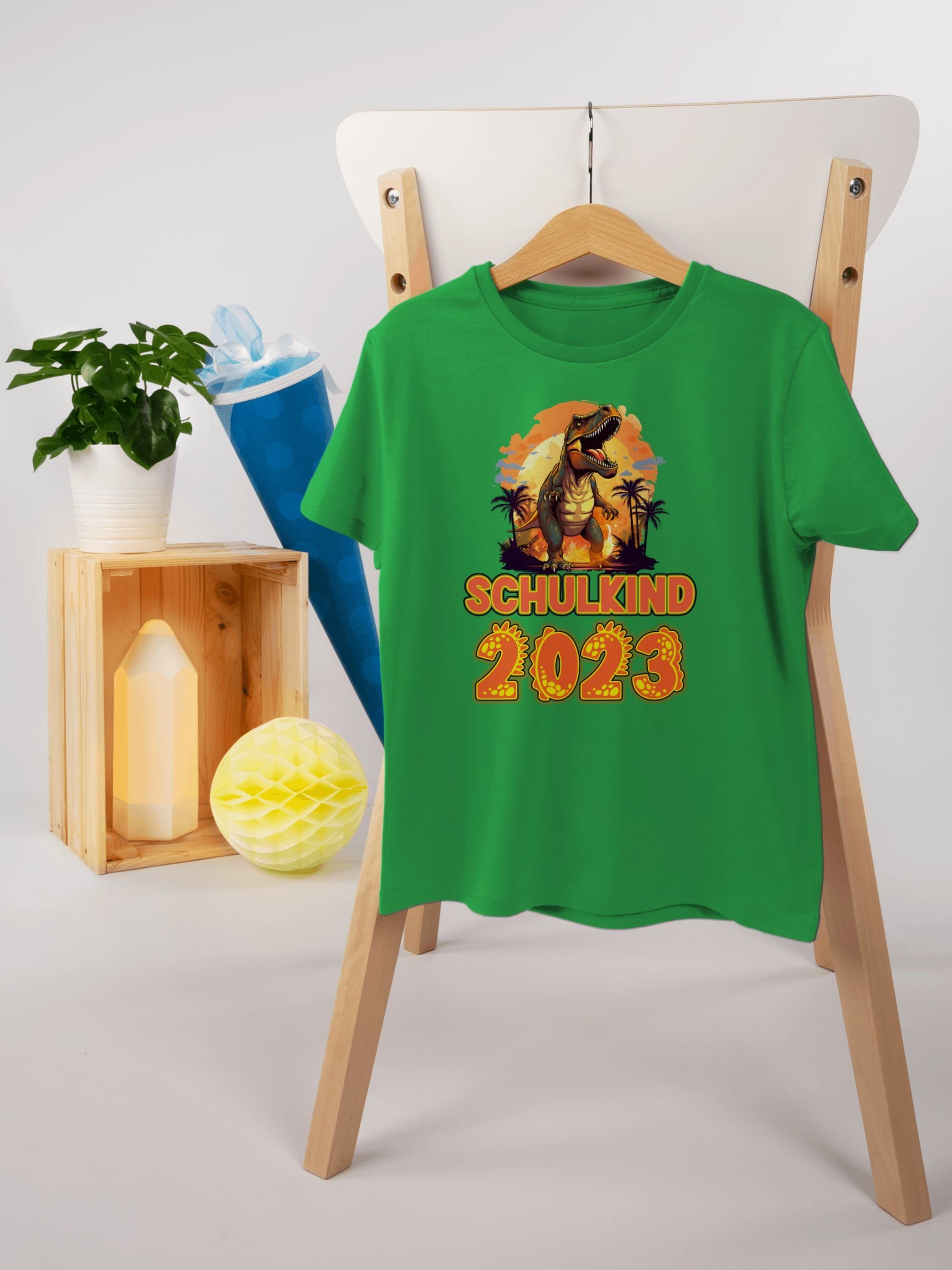 Shirtracer T-Shirt Schulkind 2023 Dinosaurier Saurier Dino 3 Grün Junge Schulanfang Einschulung Geschenke
