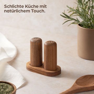 Praknu Salz- / Pfefferstreuer aus Akazienholz mit Untersetzer - Holz Gewürzstreuer - Salt Shaker, (3er Set, 3-tlg), Nachhaltiges FSC Holz - Handgefertigt & Robust - Einfaches Nachfüllen