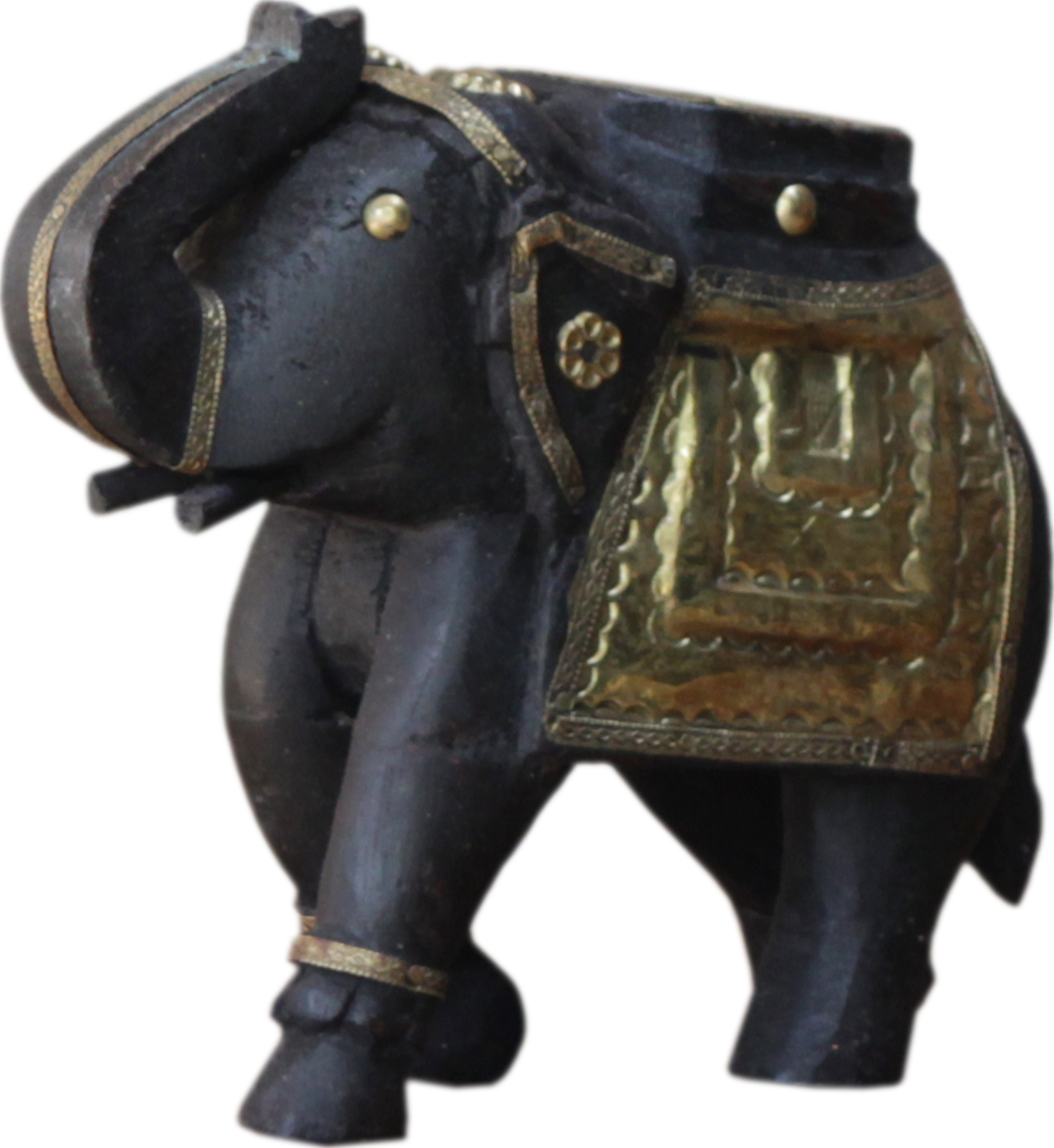 Guru-Shop Dekofigur Deko Elefant geschnitzt mit Messingornamenten -..