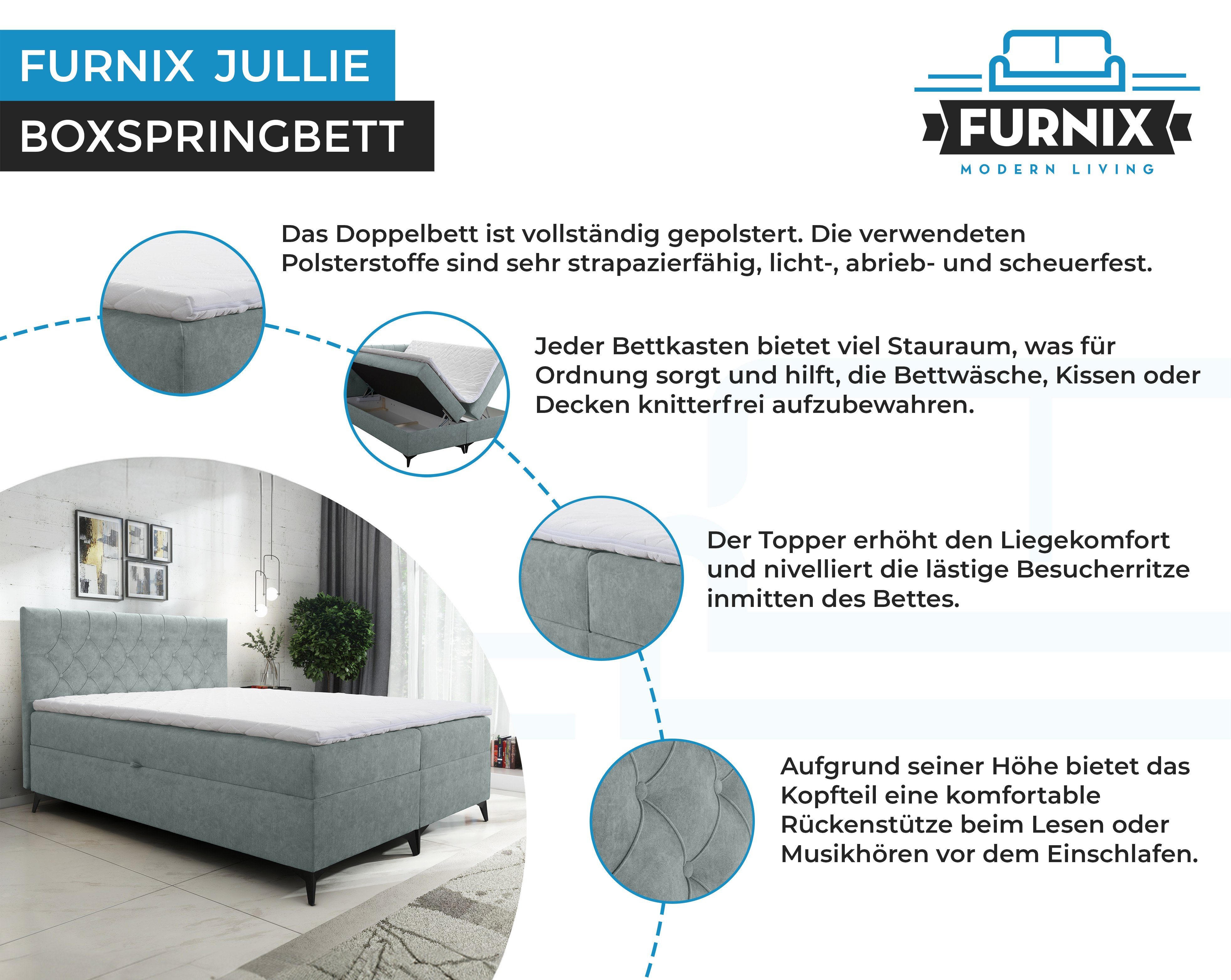 mit Boxspringbett Auswahl, Bettkaste Grau mit Farbe/Größe 129-200x200 Furnix JULLIE Topper Topper