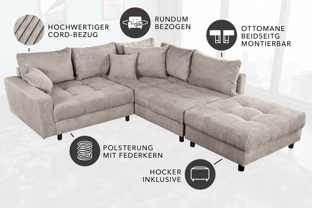 riess-ambiente Ecksofa KENT 220cm greige schwarz - Cord, L-Form, Federkern, FSC-zertifiziert, Einzelartikel 1 Teile, Moderne Wohnlandschaft inkl. Hocker - ideal für Wohnzimmer u. Familien