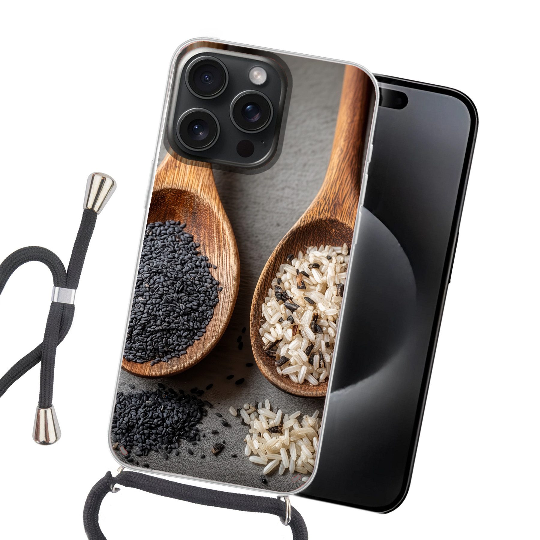 MuchoWow Handyhülle für Apple iPhone 15 Pro Max Holz - Löffel - Reis - Saatgut, Tragbare Handyhüllen mit Kette zum umhängen, Handykette Handyband