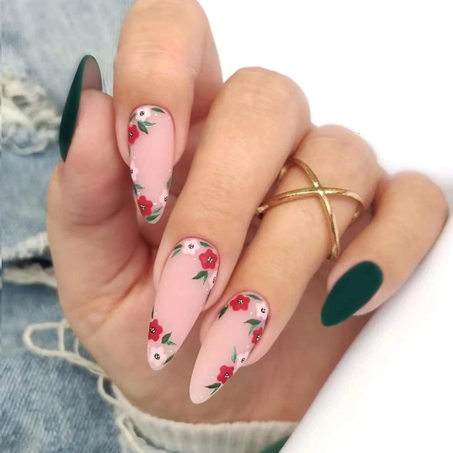 Kunstfingernägel 24 Stück Mandel Nägel Grün Blumen French Künstliche Nägel Kit