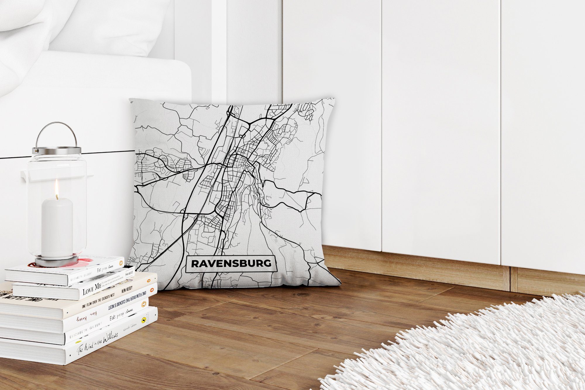 MuchoWow Dekokissen Ravensburg - Sofakissen Deko, Stadtplan, Karte mit Wohzimmer, Schlafzimmer, - Füllung Zierkissen für