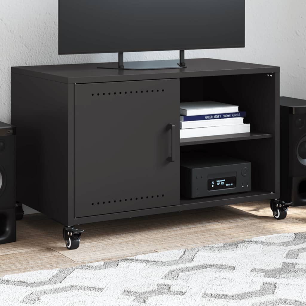furnicato TV-Schrank aus kaltgewalztem Stahl 68 x 39 x 43,5 cm Schwarz (1-St) Lowboard mit Rollen, Ablagen und Tür für das Wohnzimmer