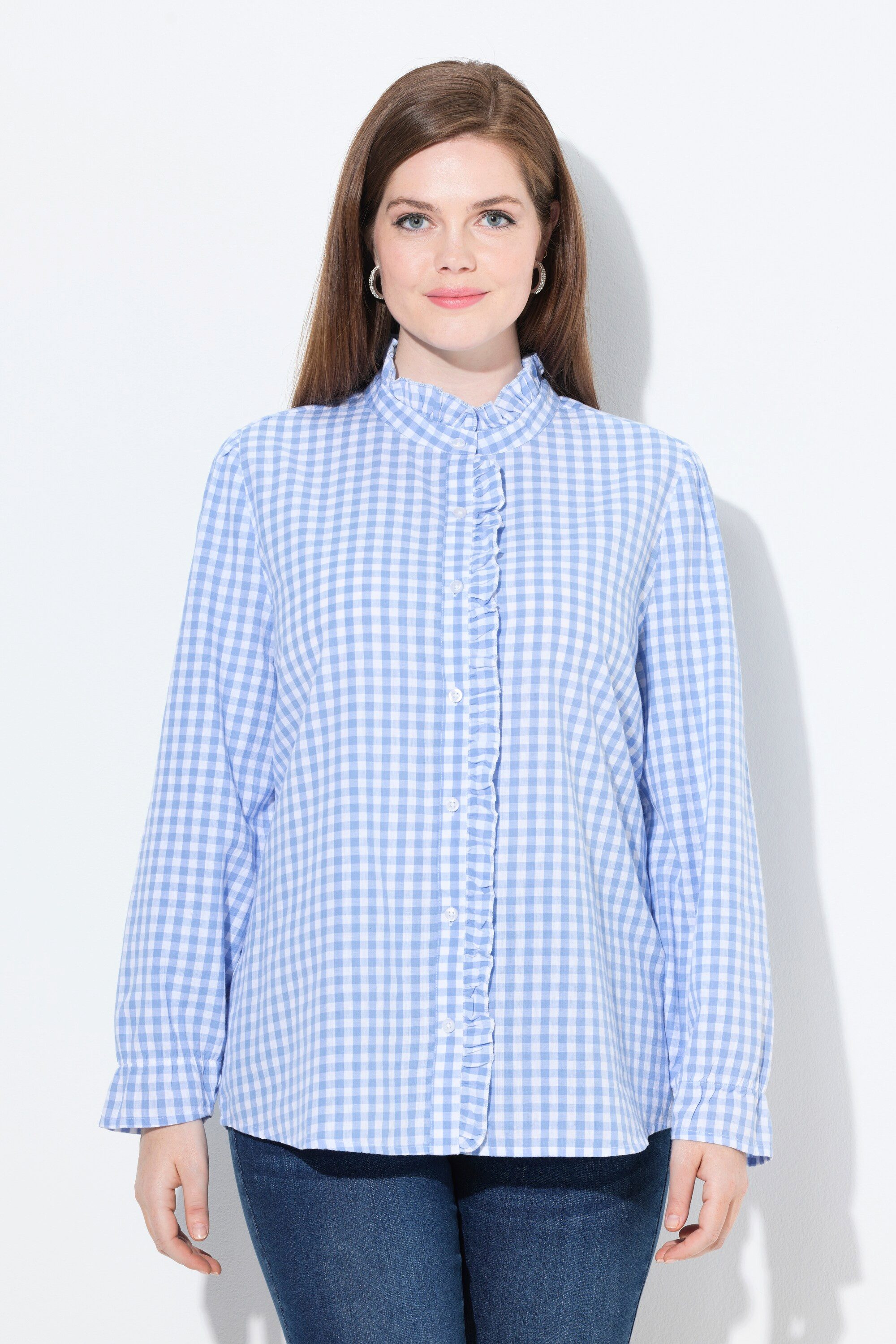 Ulla Popken Trachtenbluse Karobluse Rüschen Stehkragen Langarm günstig online kaufen