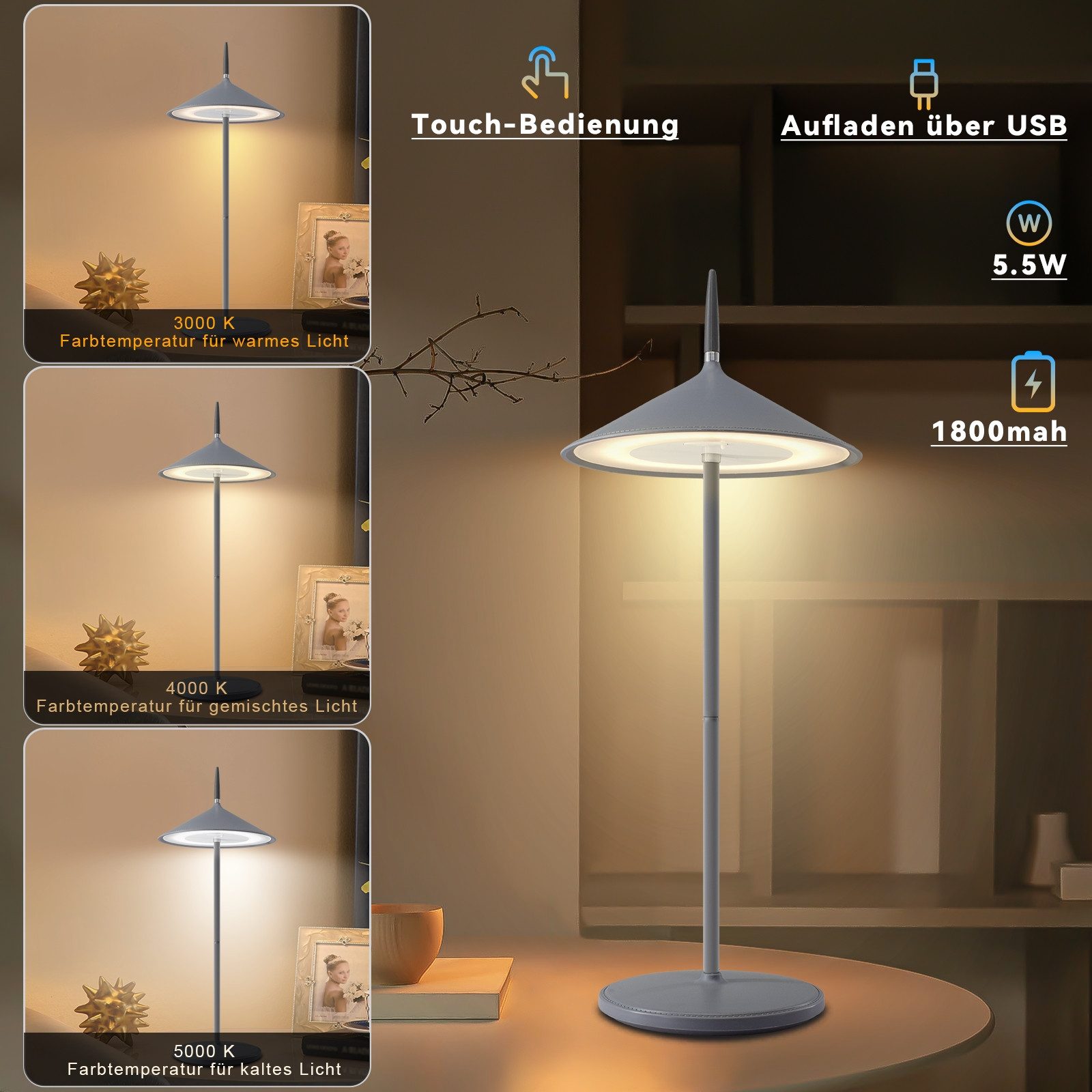 ZMH LED Tischleuchte Kabellos Aufladbar Touch Dimmbar Modern Aussentischleuchte Garten, Augenschutz, Einfache Installtion, LED fest integriert, 3000-6500K, 1800mhA Nachttischlampe USB für Esstisch