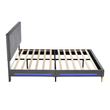 MODFU Polsterbett Funktionsbett mit LED-Leuchten und Lattenrost, Samtstoff (Doppelbett mit verstellbarem Kopfteil 140 x 200 cm), ohne Matratze