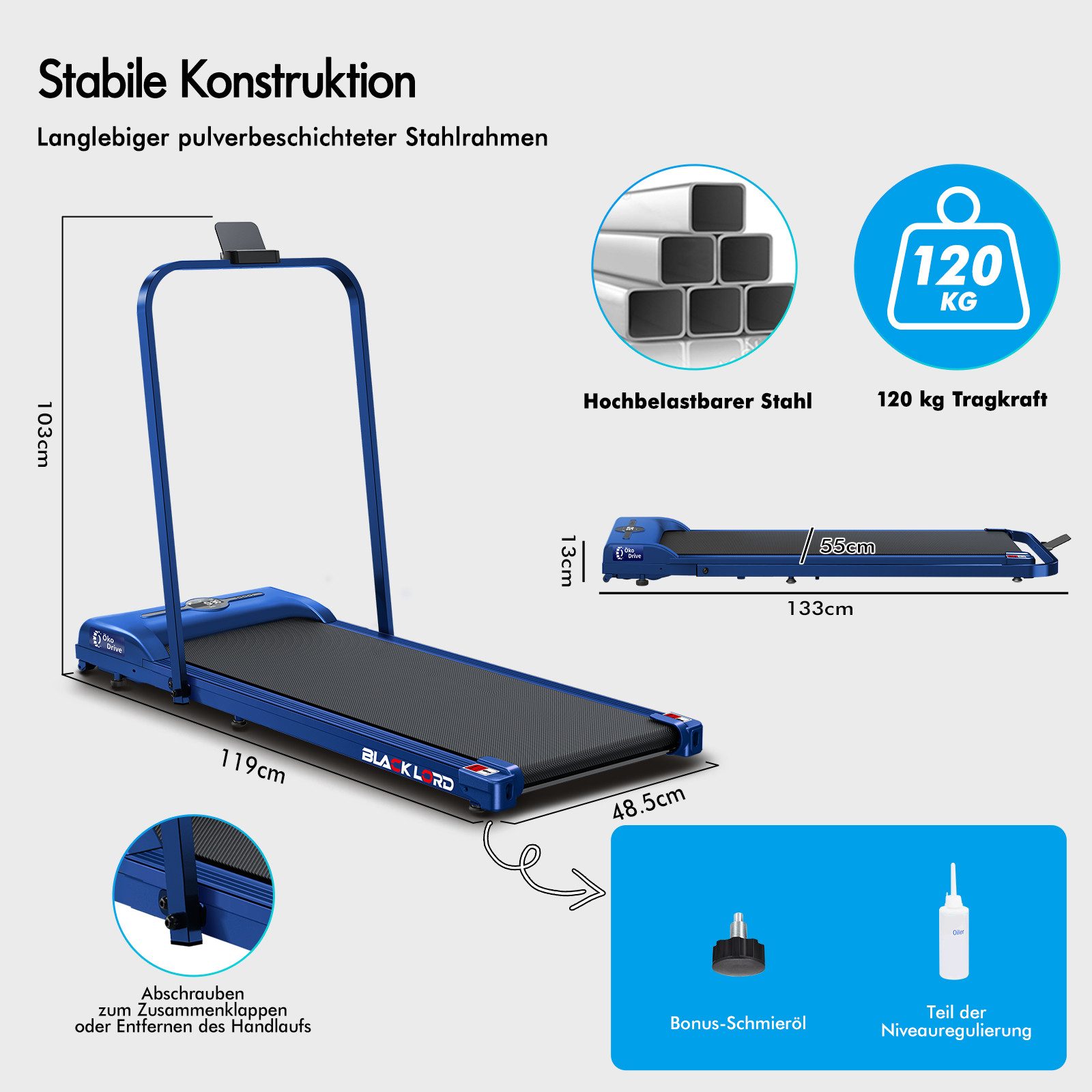 BLACK LORD Laufband für Zuhause, Walking Pad, Klappbares Untertisch-Laufband mit Armlehne (119 x 48,5 x 103 cm, 1-tlg), mit Bluetooth, Fernbedienung, Lautsprecher, 1-12km/h