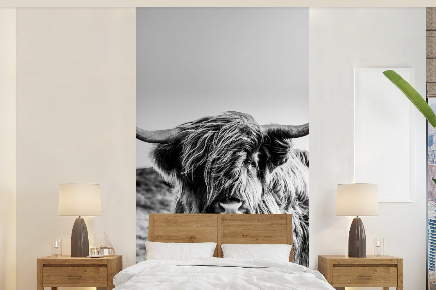 MuchoWow Fototapete Kuh - Schottischer Hochländer - Schwarz - Weiß - Tier - Natur -, Matt, bedruckt, (2 St), Vliestapete für Wohnzimmer Schlafzimmer Küche, Fototapete