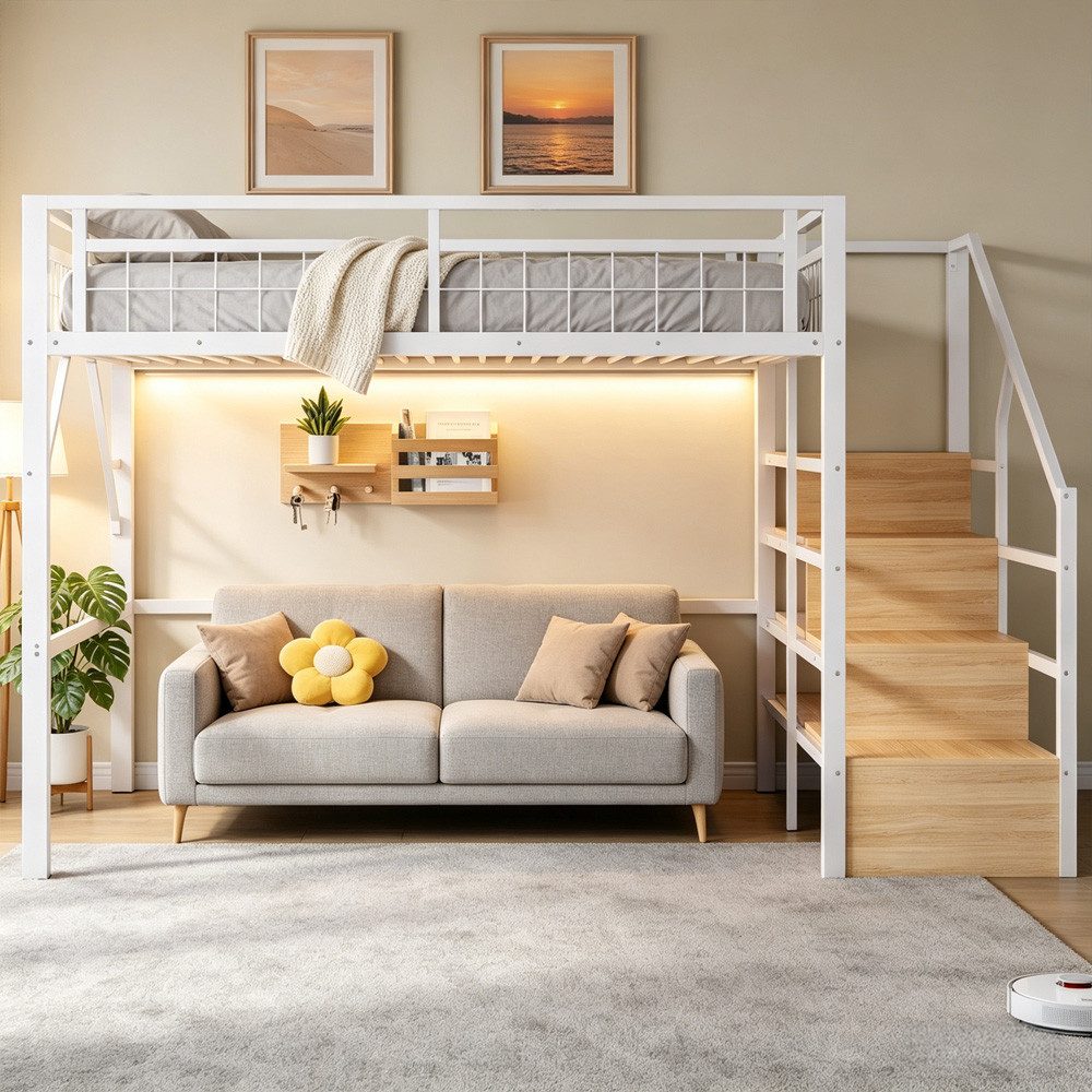 REDOM Hochbett Jugendbett mit Eisenrahmen, LED-Lichtleiste (Stauraumtreppe und freiem Raum zum Verkleiden, Metallbett, 90 x 200 cm) ohne Matratze