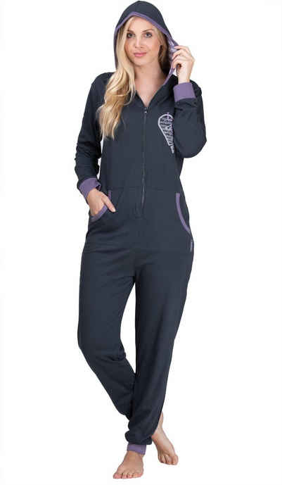 maluuna Schlafanzug Damen Jumpsuit, Onesie, Overall, Einteiler mit Bündchen an Arm- und Beinabschluss aus 100% Baumwolle