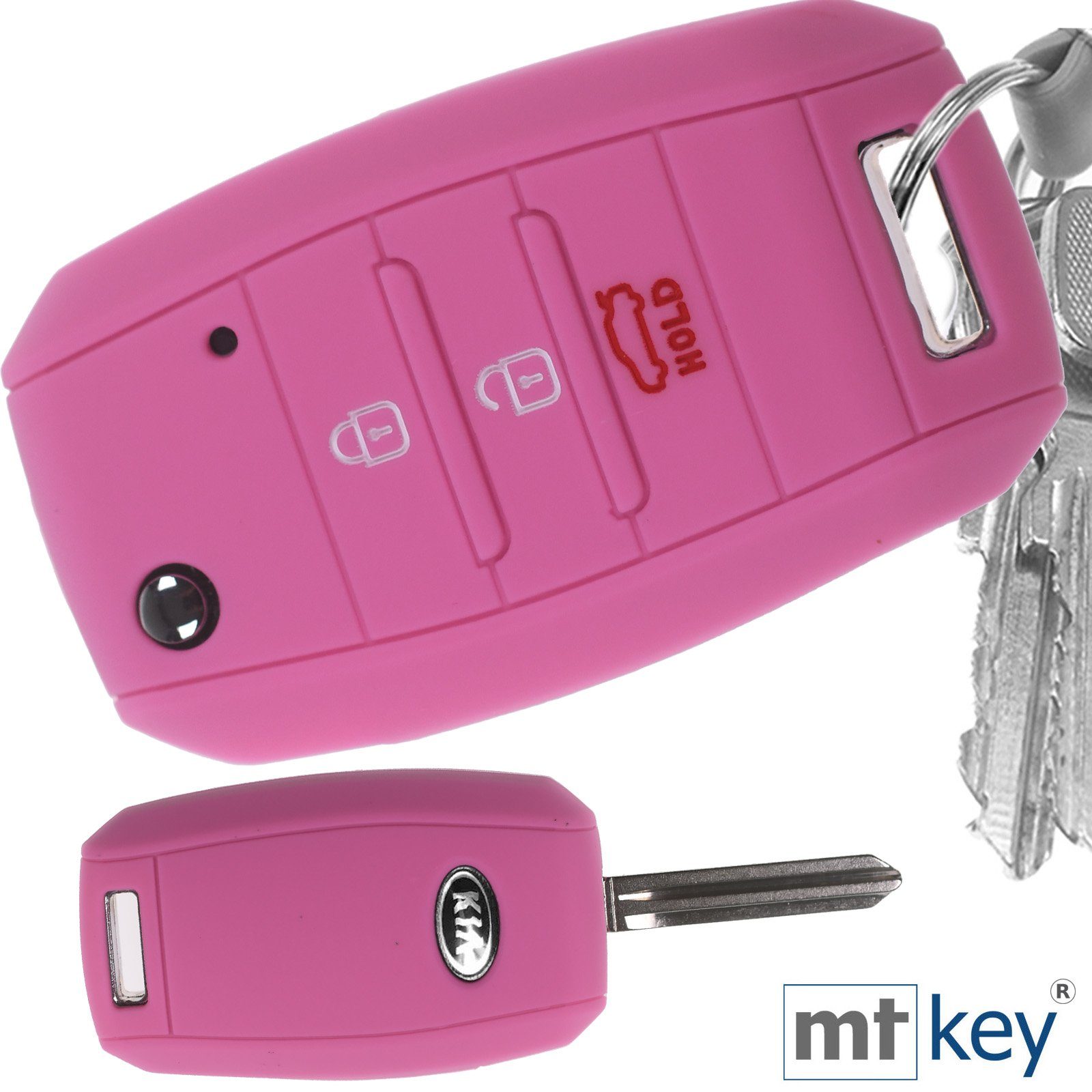 mt-key Schlüsseltasche Autoschlüssel Softcase Silikon Schutzhülle Rosa, für KIA Picantio Rio Ceed Soul Sportage Stonicens 3 Tasten Schlüssel