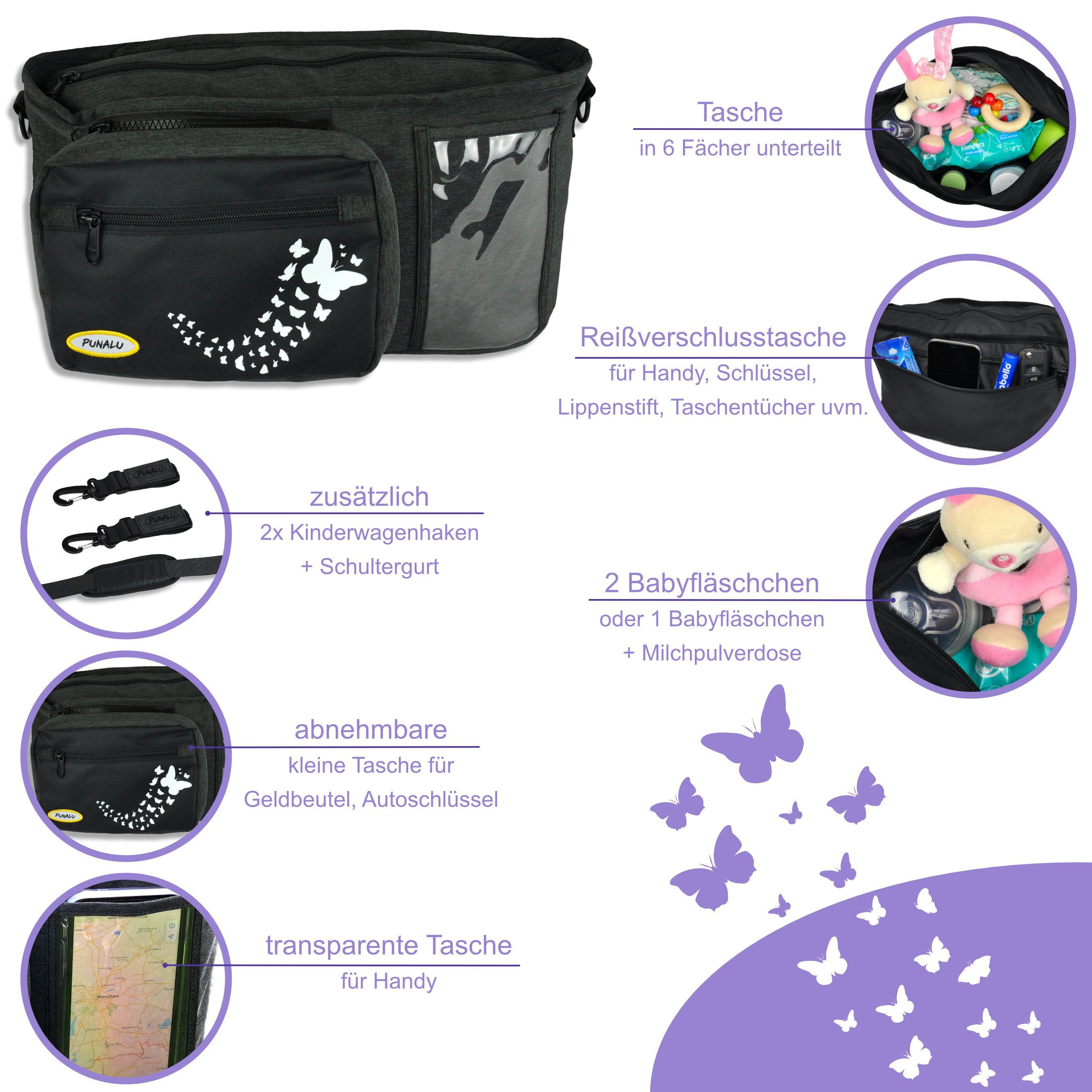 PUNALU Kinderwagen-Tasche Punalu großer Kinderwagen Organizer mit Schmetterlingsmuster
