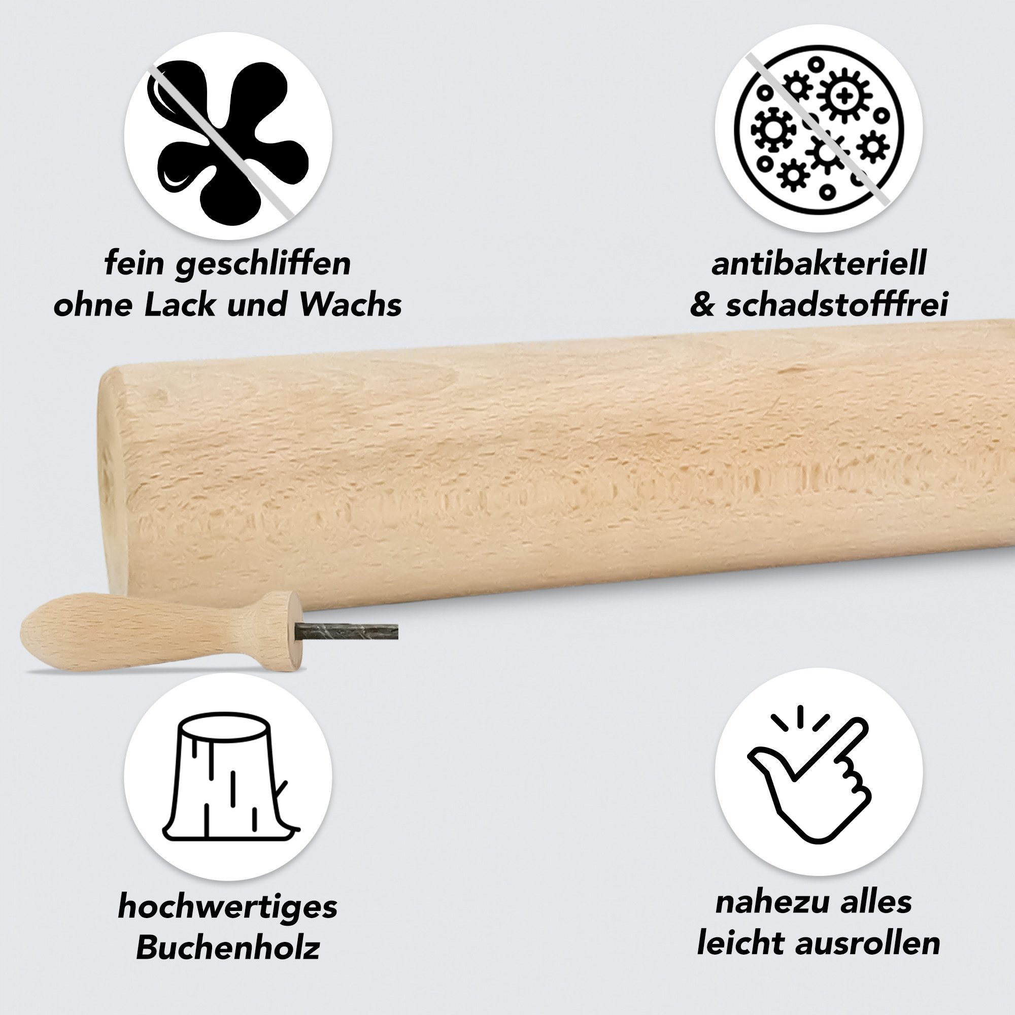 SOHFA Nudelholz 43cm Nudelholz stabiler Ausroller für Teig und Fondant Buchenholz, (ein Nudelholz, 1-tlg., 1er Set), hergestellt in Europa, aus Buchenholz, fein geschliffenes Nudelholz