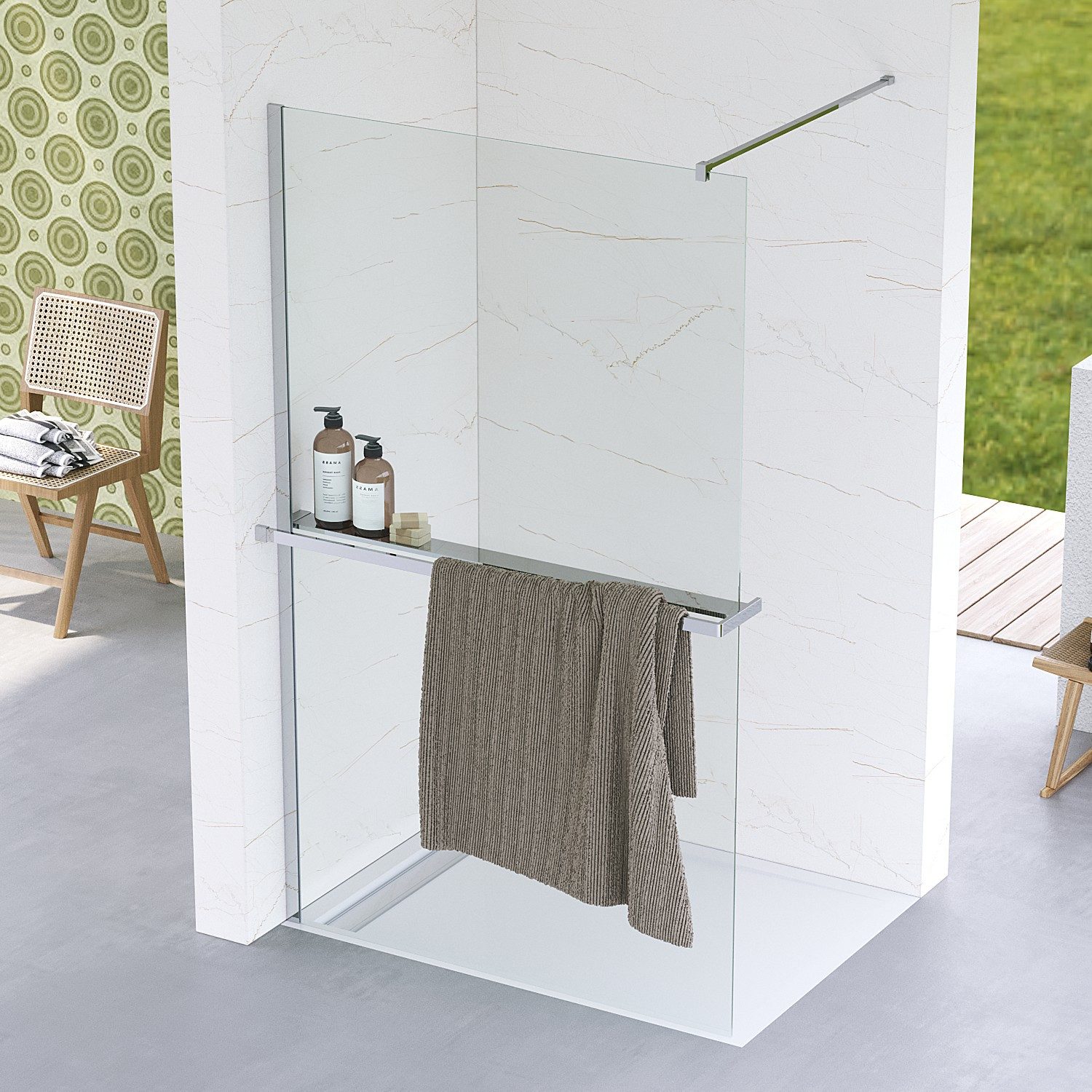 AQUALAVOS Duschwand Walk in Dusche mit Handtuchhalter & Ablage Stabilisator Chromoptik, Sicherheitsglas, 80x200cm, 90x200cm, 100x200cm, 110x200cm, 120x200cm
