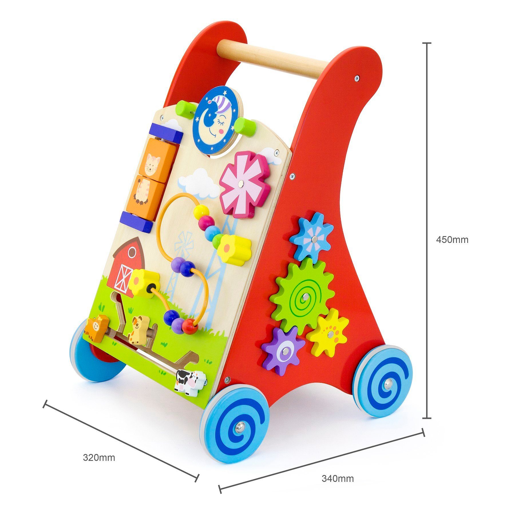 TikTakToo Lauflernwagen Lauflerner, Activity Baby Walker mit Motorikbrett, (Zahnradspiel, Motorikschleife, Spiegel, Spiel-Set), aus FSC-Holz, mit Gummilaufringen und Motorikspielzeug