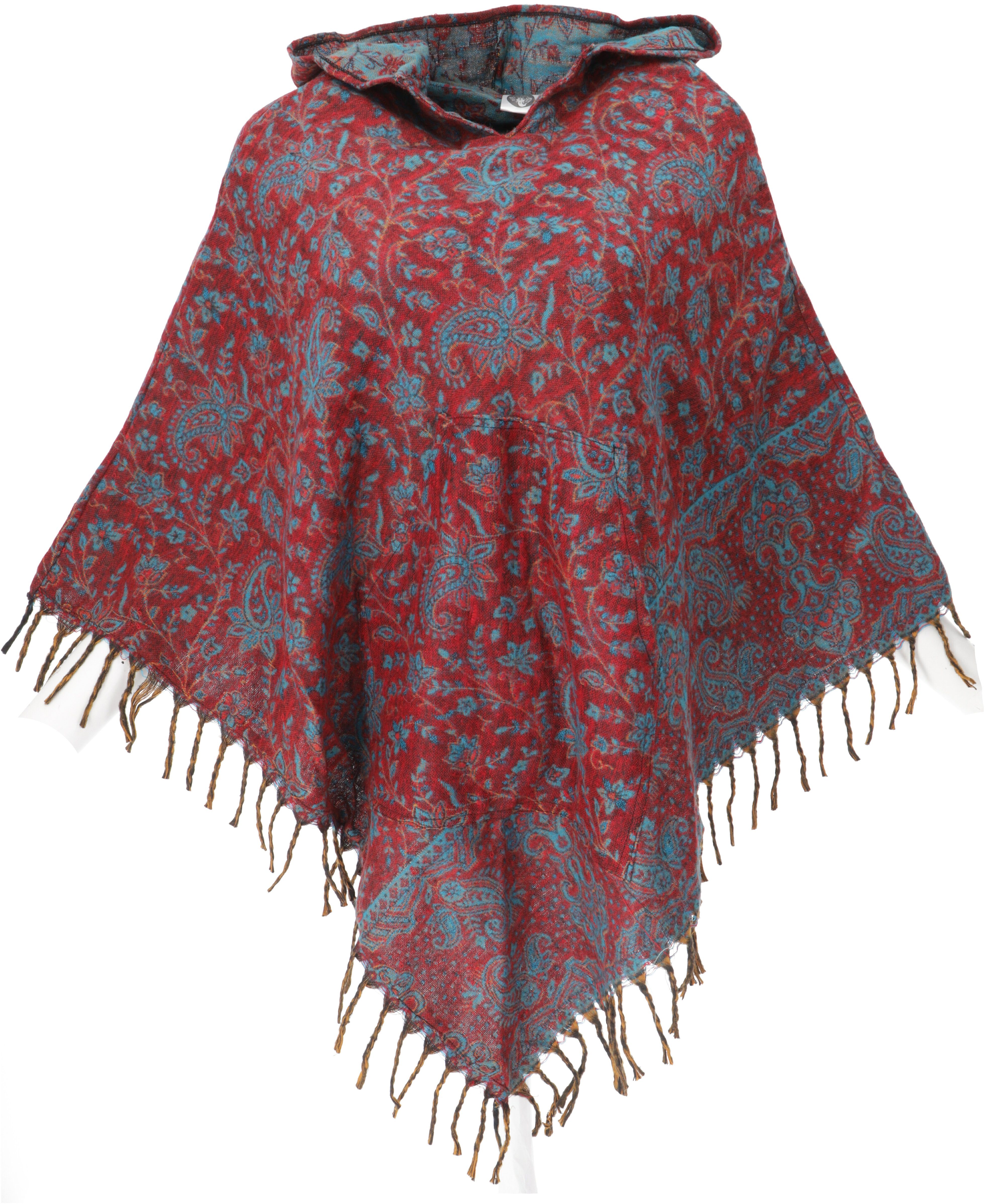 langer Ethno, -.. mit Zipfelkapuze Langjacke Guru-Shop weinrot/petrol Hippie Poncho