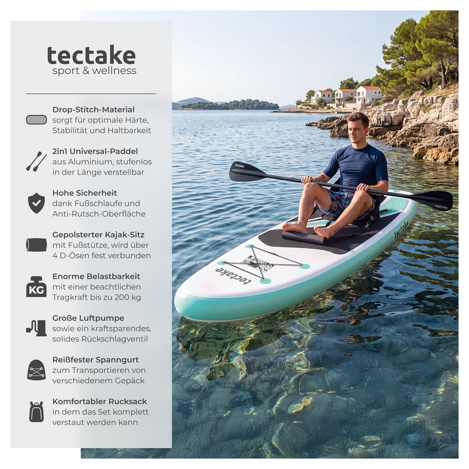 tectake SUP-Board Aufblasbares Paddle Board mit Kajak-Sitz, bis 200 kg, rutschfest, Stand-up Paddle, (Aufblasbares Stand up Paddle Board Zenon, in Weiß/türkis), Verstellbares Doppelpaddel, Inkl. Zubehör für flexiblen Einsatz