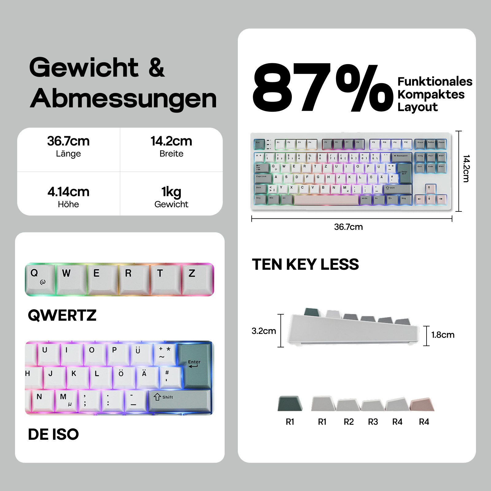 EPOMAKER TH87 Mechanische Tastatur Kabellos, TKL Gaming Tastatur (Hot Swap Custom, RGB, Gasket für PC/Mac, Deutsches Layout)