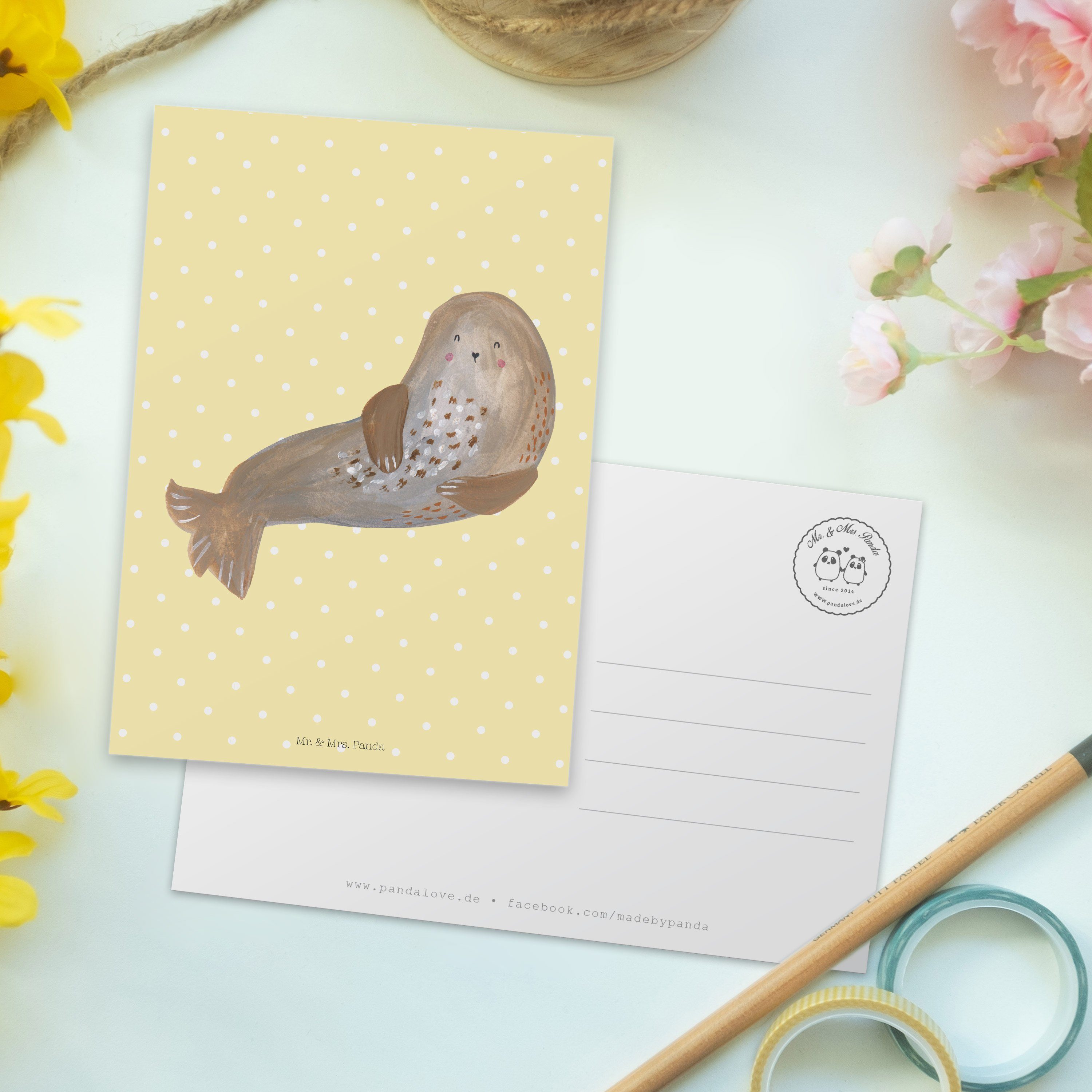 Geburtstagskarte, Pastell Geschenk, Mrs. Mr. Gelb Robbe - & Postkarte - Meerestier Panda lachend