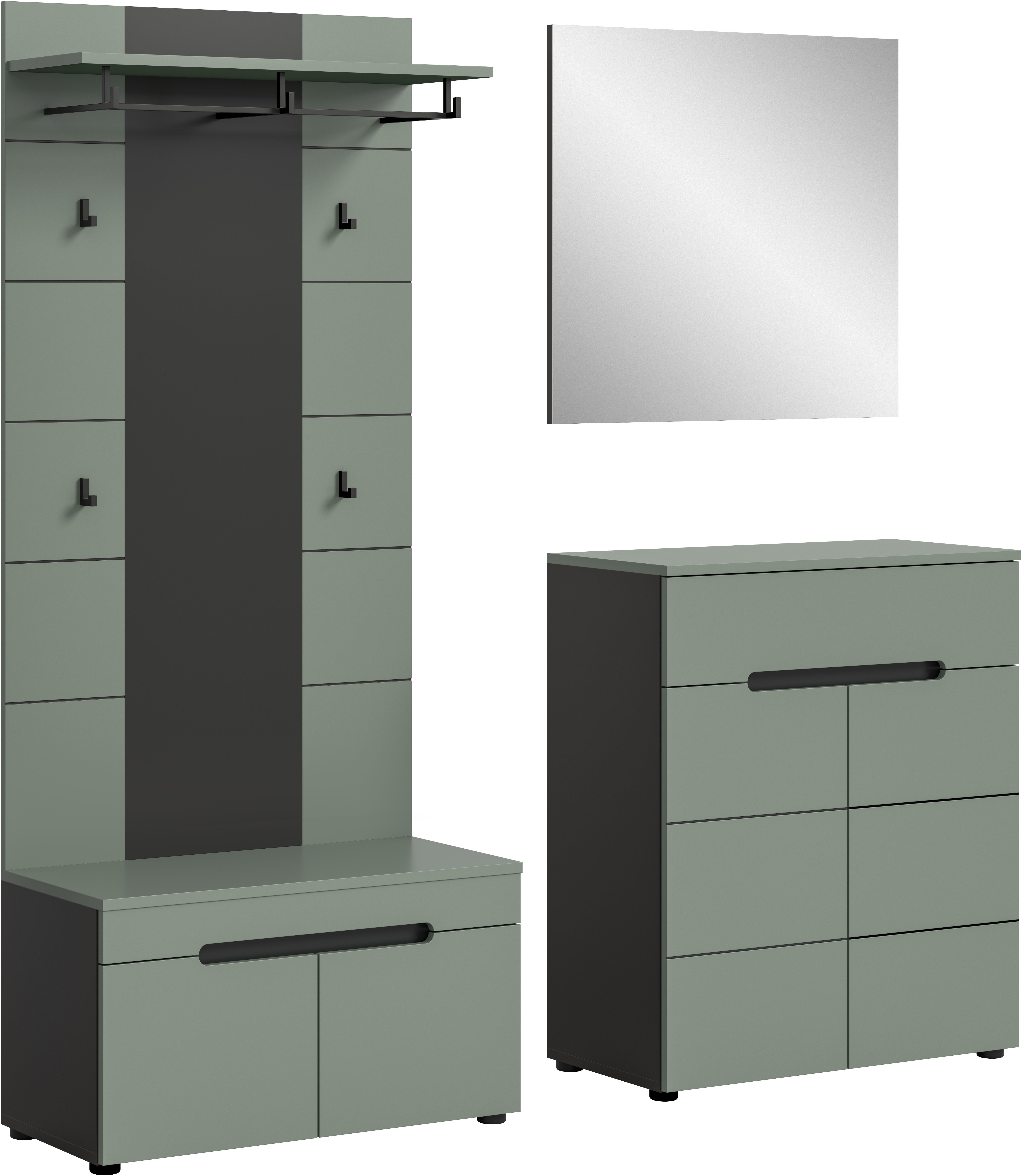 Home affaire Garderoben-Set REHAT, TOPSELLER!, 4-teilig, Breite 175 cm, individuell erweiterbar, (Set, 4-St., bestehend aus: Sitzbank, Paneel, Spiegel und Kommode), Garderobenkombination, Kombination, Set, Flurgarderobe, Diele