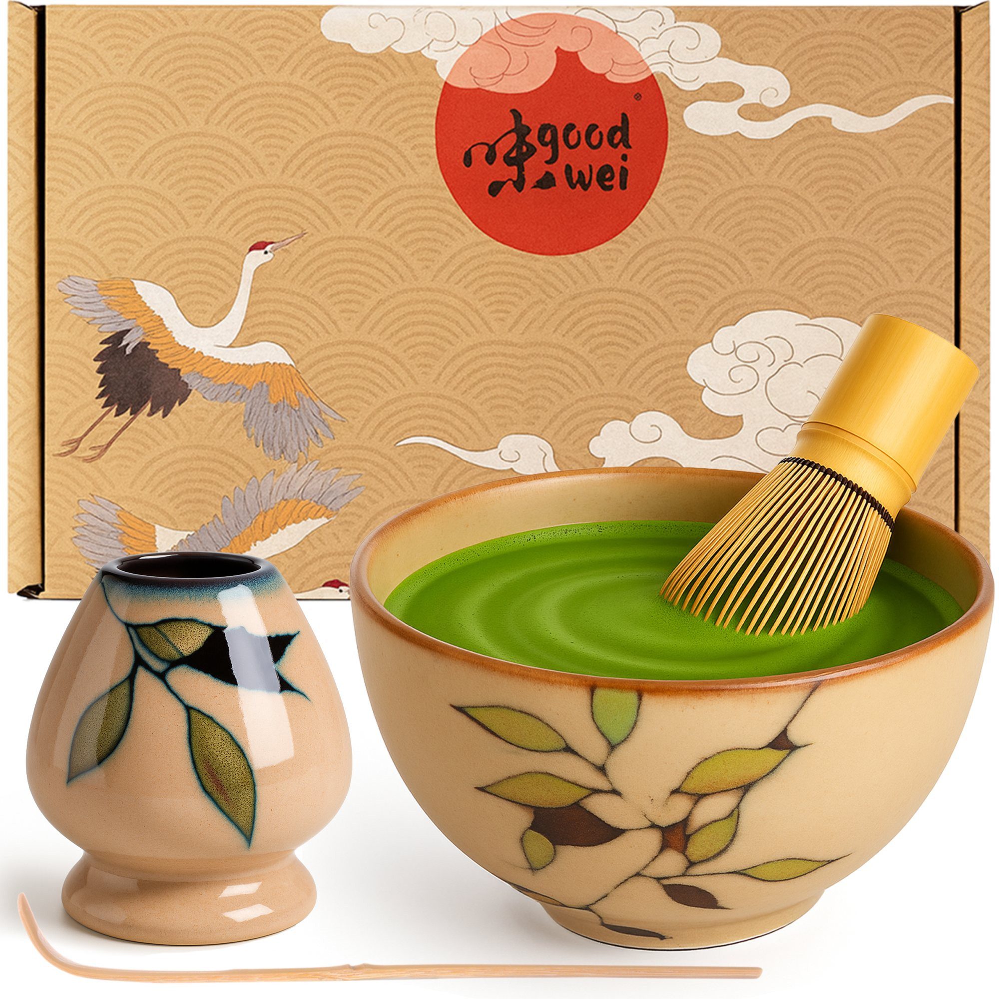 Goodwei Teeschale Matcha Teezeremonie Set "Bamboo" mit Teeschale, Besen und Besenhalter, 4-tlg., Keramik