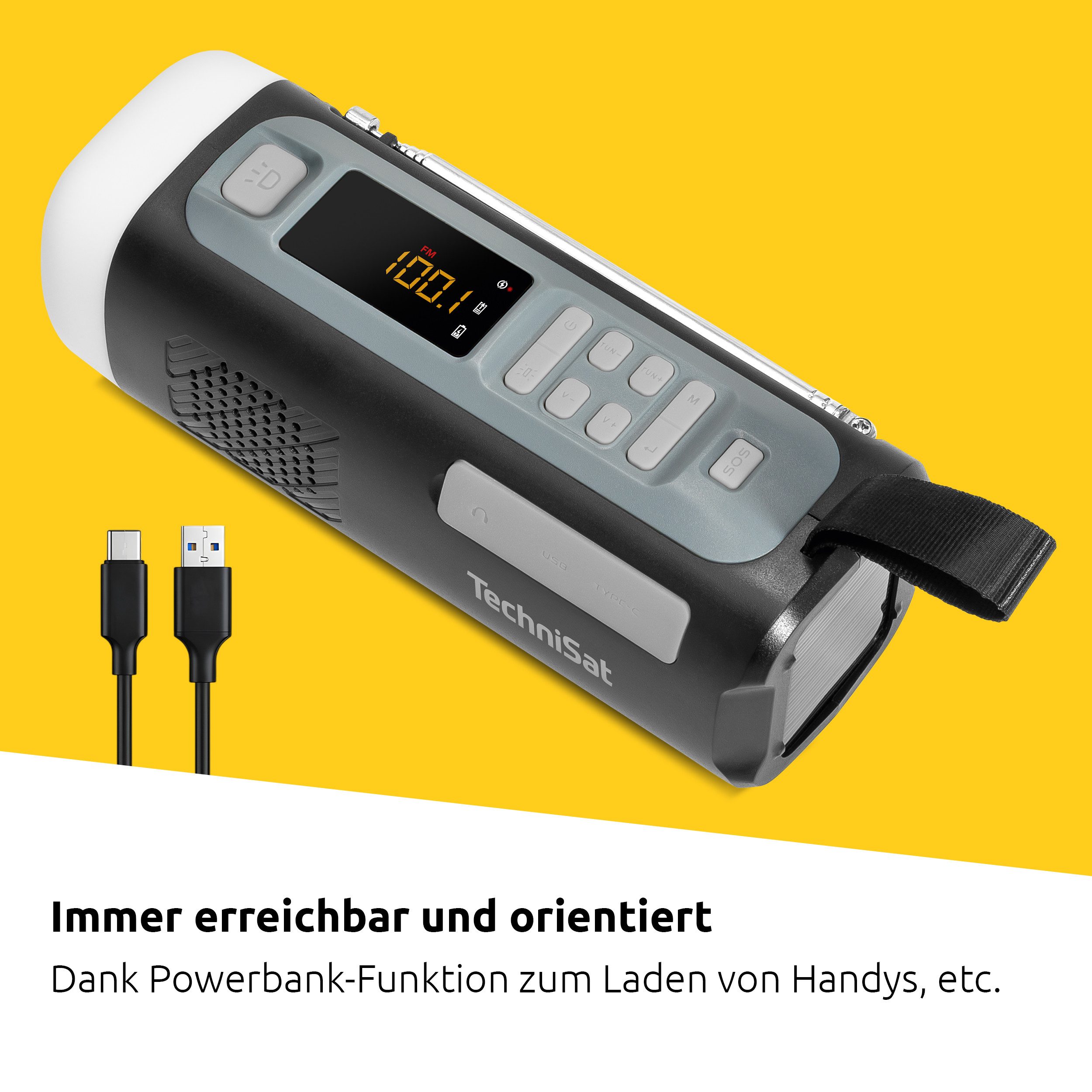 TechniSat VIOLA Kurbelradio UKW-Radio (FM-Tuner, 3 W, Kurbel, Solar, 4500-mAh-Powerbank, SOS-Alarm, LED-Licht) – Bild 5 von 5