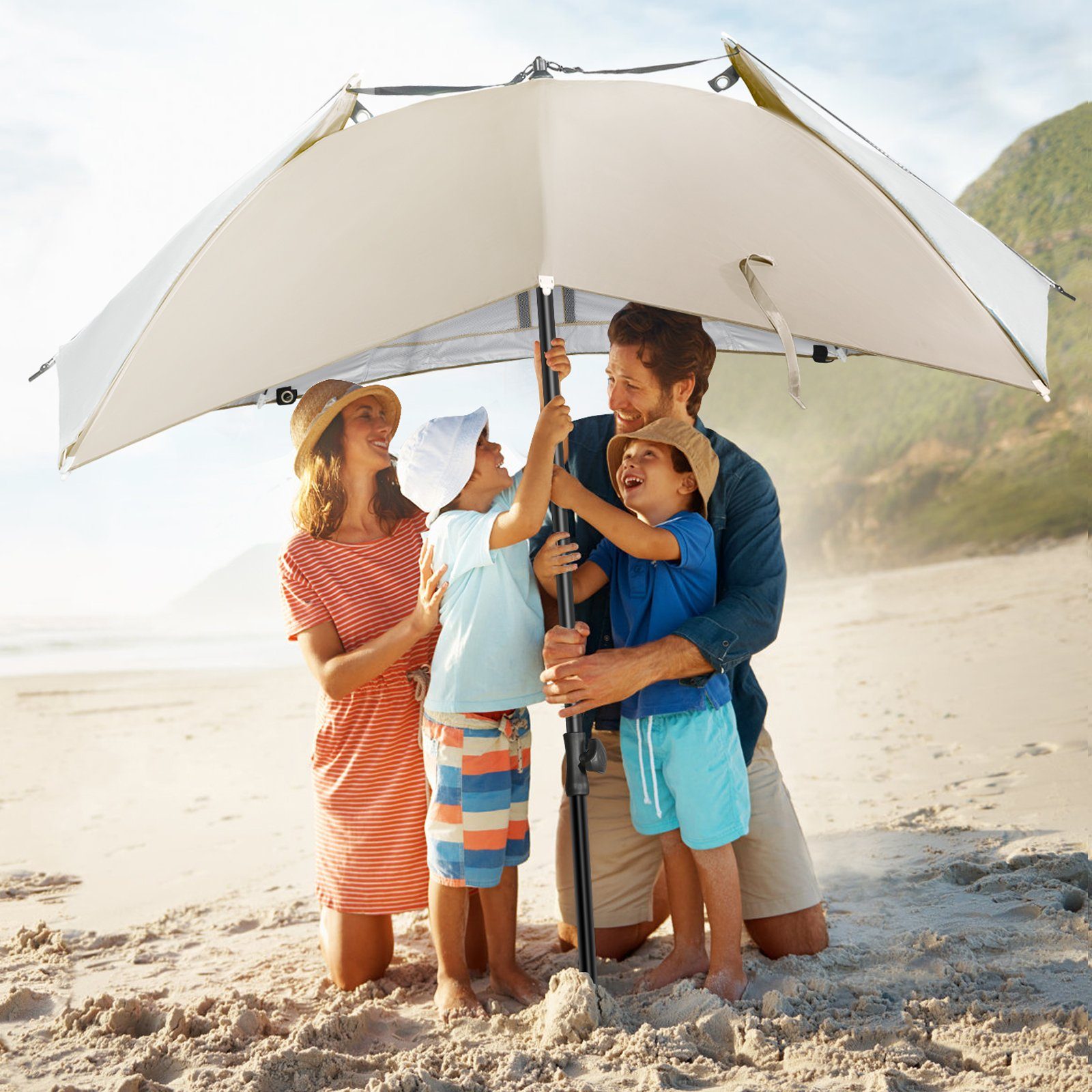 system Strandschirm, Personen 2-3 HOMECALL Strandmuschel Sonnenschirm zum UV-resistentes 50+ mit für Khaki, umbrella Umfunktionieren