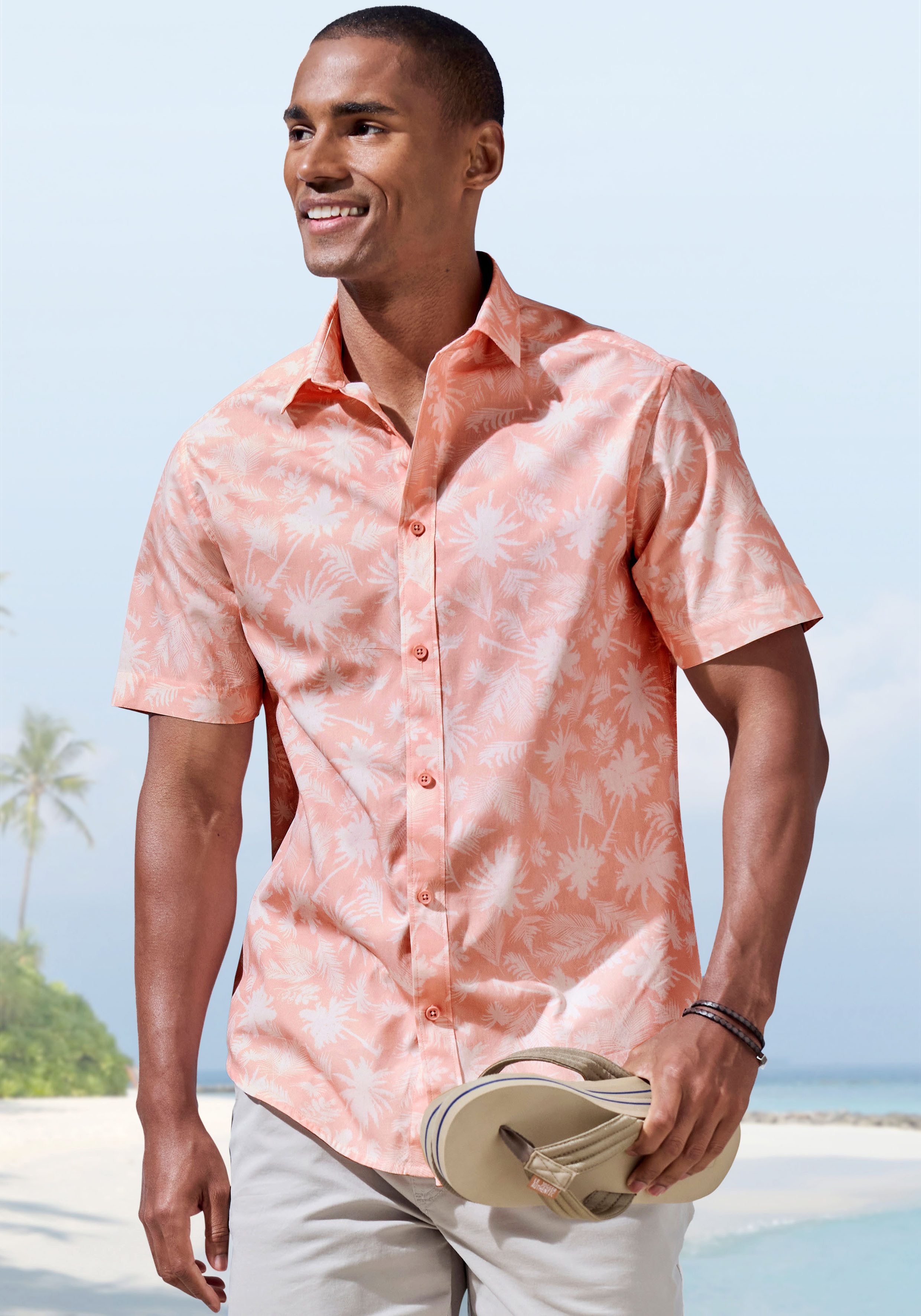 Beachtime Hawaiihemd - Kurzarmhemd mit sommerlichem Palmen Druck, Kurzarm, Freizeithemd mit Palmenprint, reine Baumwolle