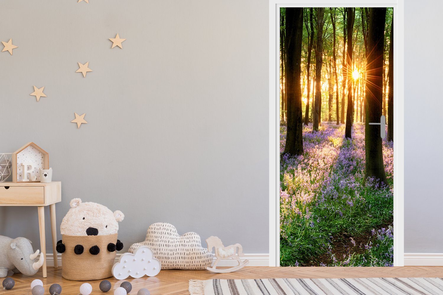 Sonne Blumen Fototapete - Lavendel - Tür, Natur, bedruckt, MuchoWow Türtapete - - Türaufkleber, Wald Lila 75x205 (1 für Matt, - cm St),