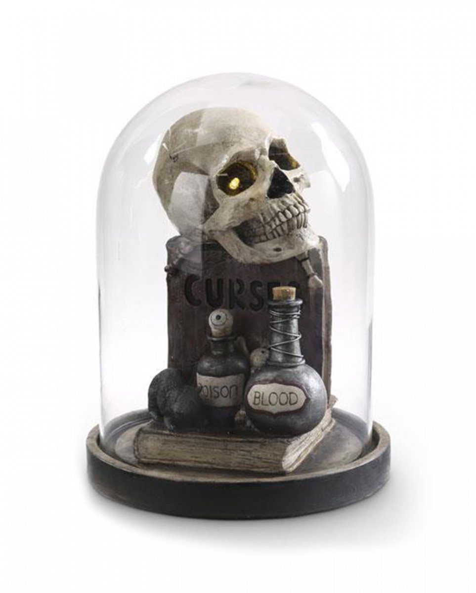 Horror-Shop Dekofigur Totenkopf mit LED Augen & Zauberbuch in Glasglocke | Dekofiguren