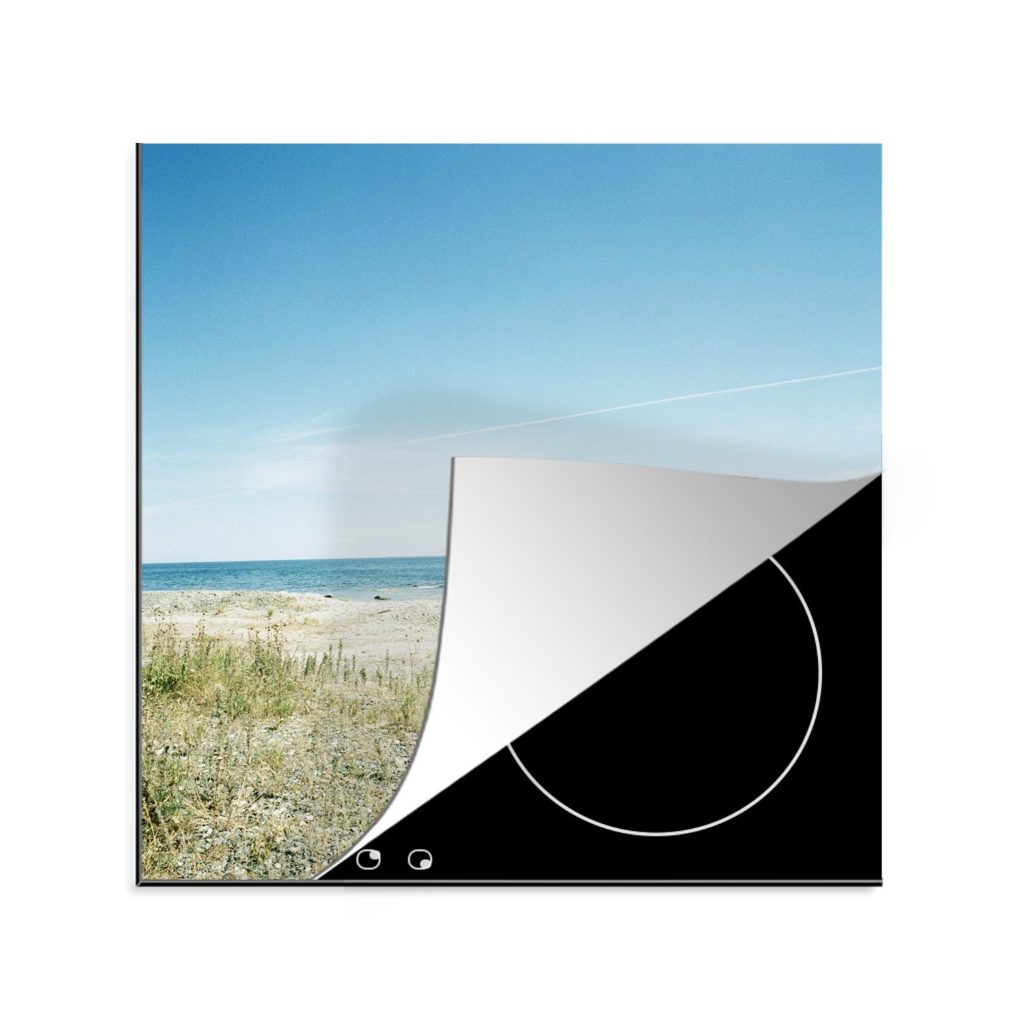 MuchoWow Herdblende-/Abdeckplatte Buntes Bild eines Wohnwagens am Strand, Vinyl, (1 tlg), 78x78 cm, Ceranfeldabdeckung, Arbeitsplatte für küche