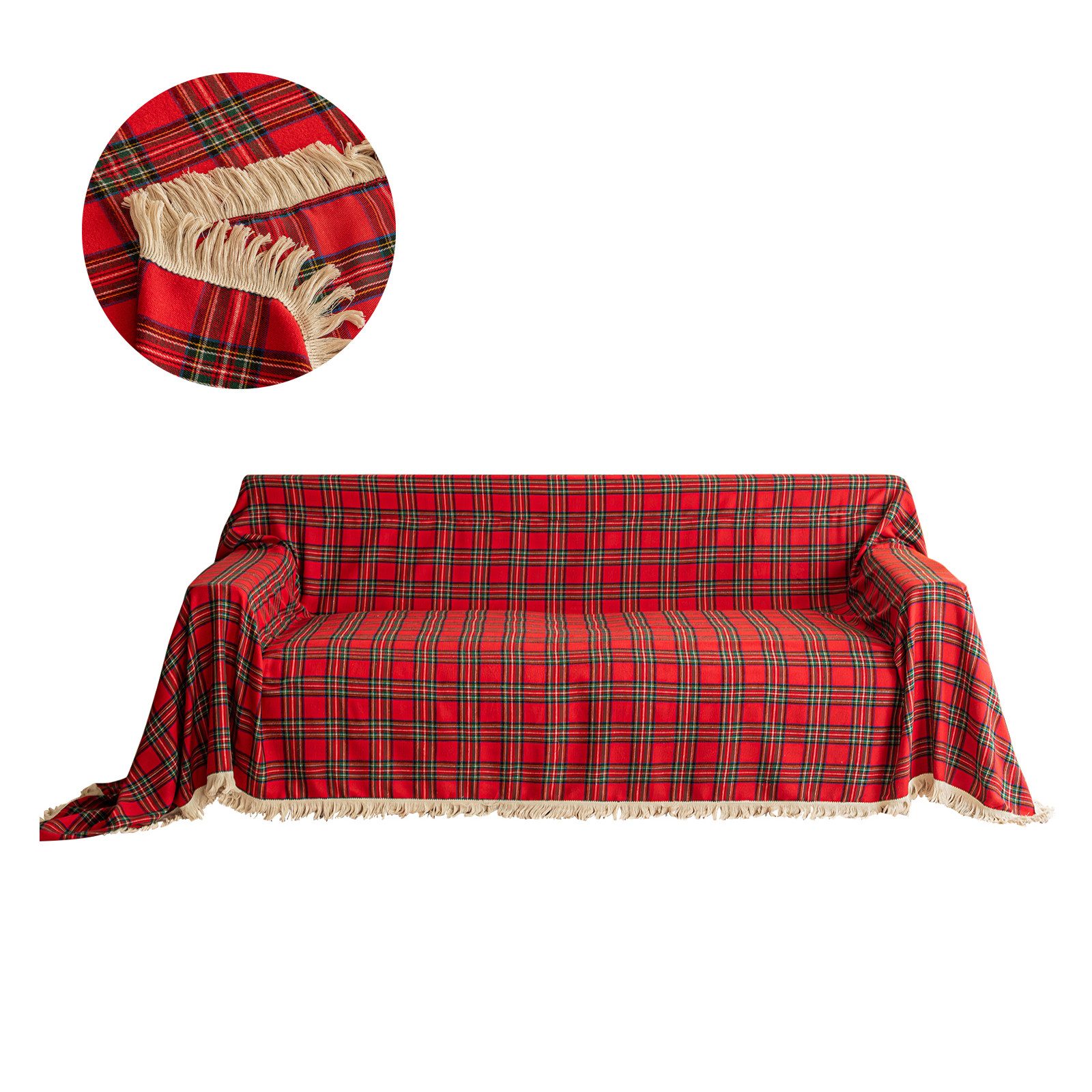 Sofaschoner Sofahusse Sofadecke mit Quasten, Weihnachten kariert,Weich Wohndecke