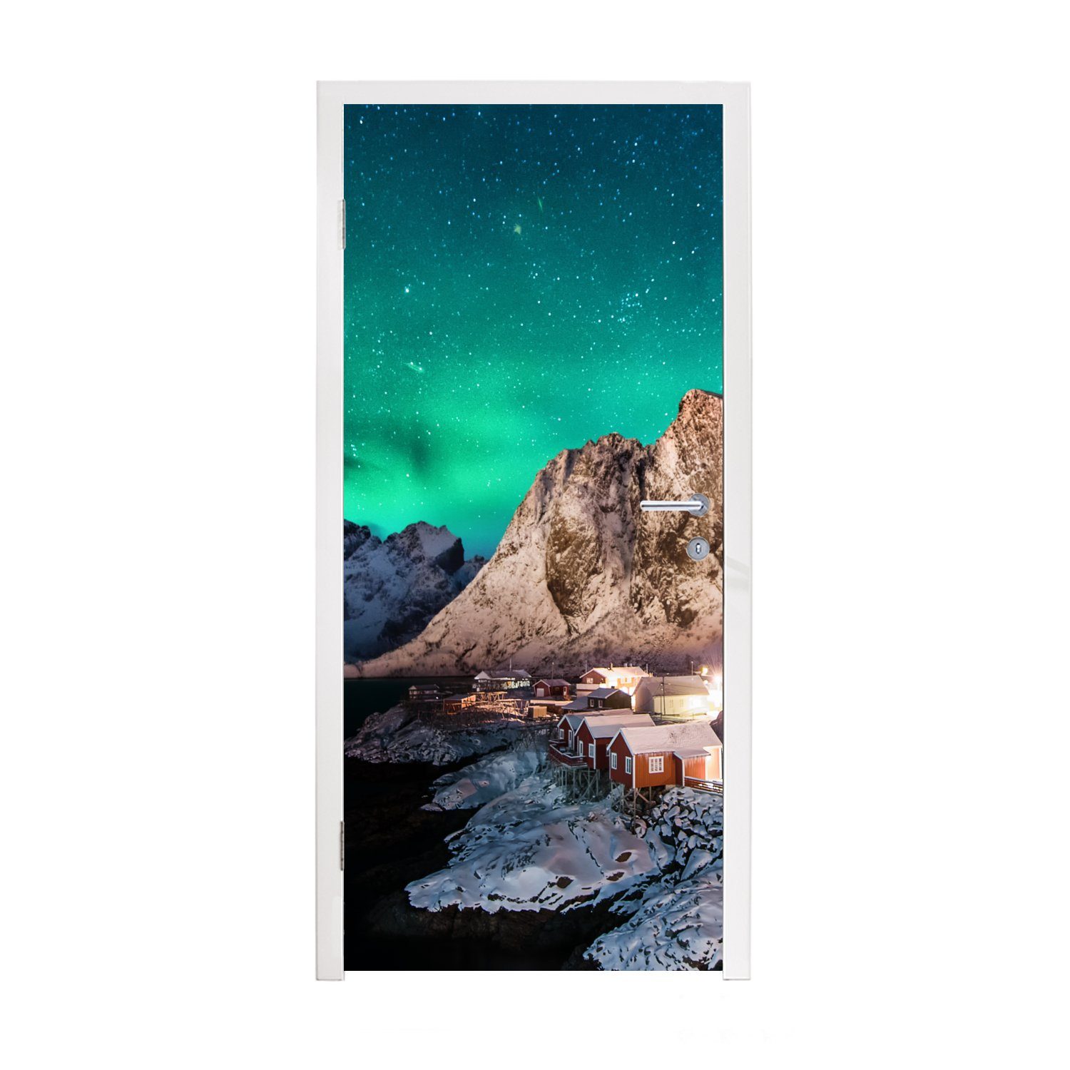 MuchoWow Türtapete Nordlichter - Berge - Norwegen, Matt, bedruckt, (1 St), Fototapete für Tür, Türaufkleber, 75x205 cm