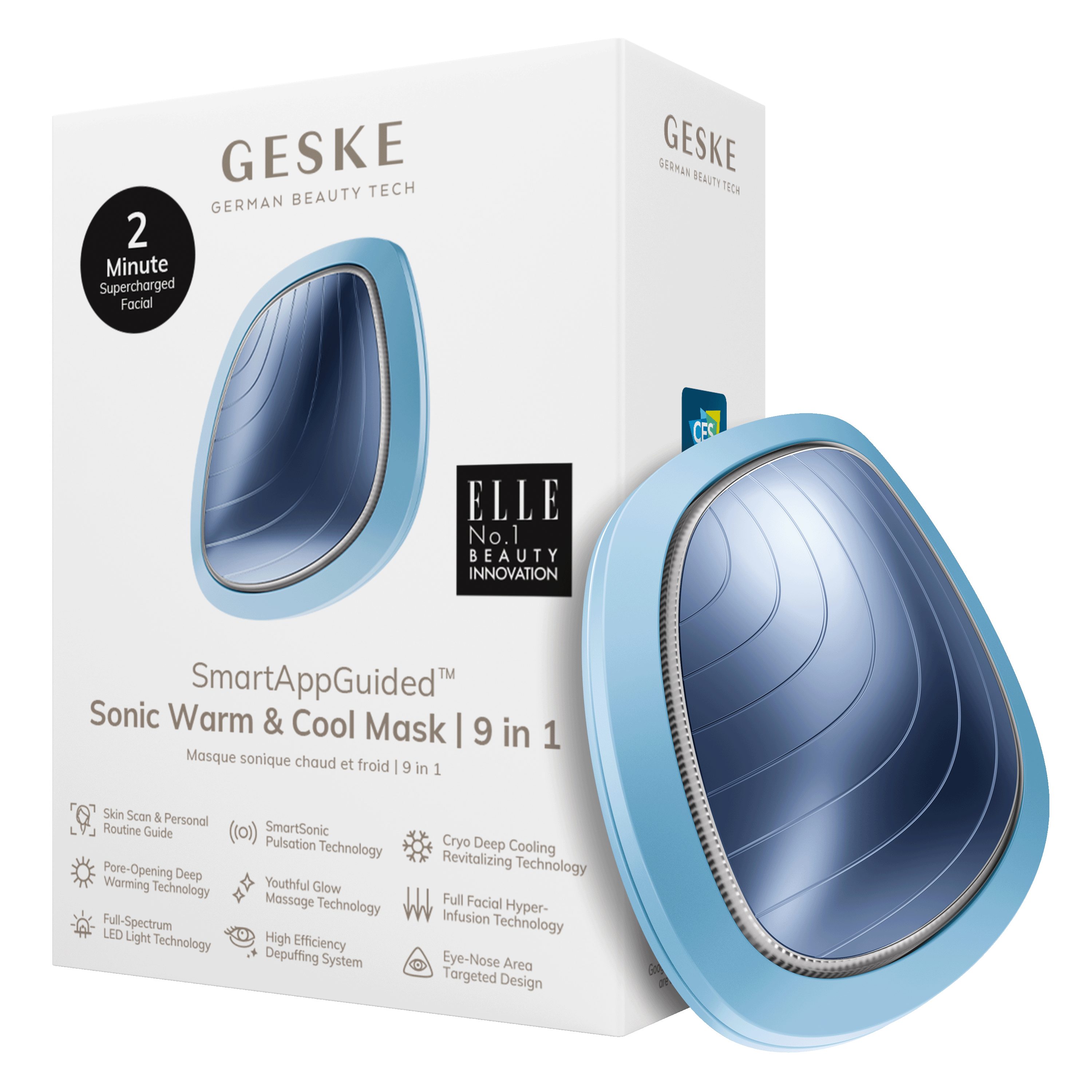 GESKE German Beauty Tech Enhancer SmartAppGuided™ Sonic Warm & Cool Mask 9 in 1, Packung (Gerät & USB-Ladekabel), 2-tlg., Gerät inkl. kostenloser APP (SmartAppGuided Device), Mit der GESKE App erhältst Du deine personalisierte Hautpflegeroutine. Aquamarine
