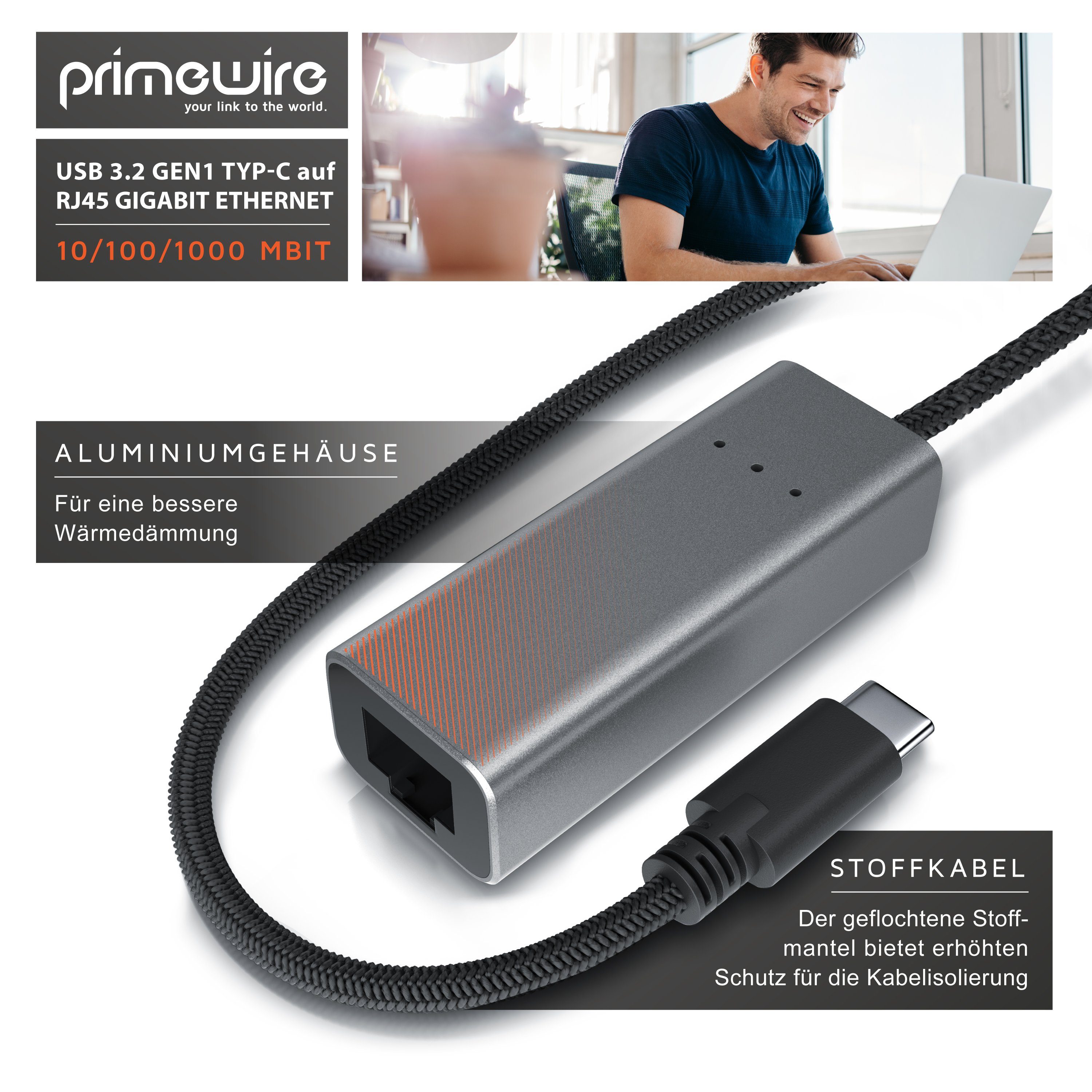 Primewire Netzwerk-Adapter USB Typ C, RJ-45 zu USB Typ C Stecker, RJ-45 Buchse, USB-C zu RJ45 Gigabit Netzwerkadapter, Externe Netzwerkkarte Konverter