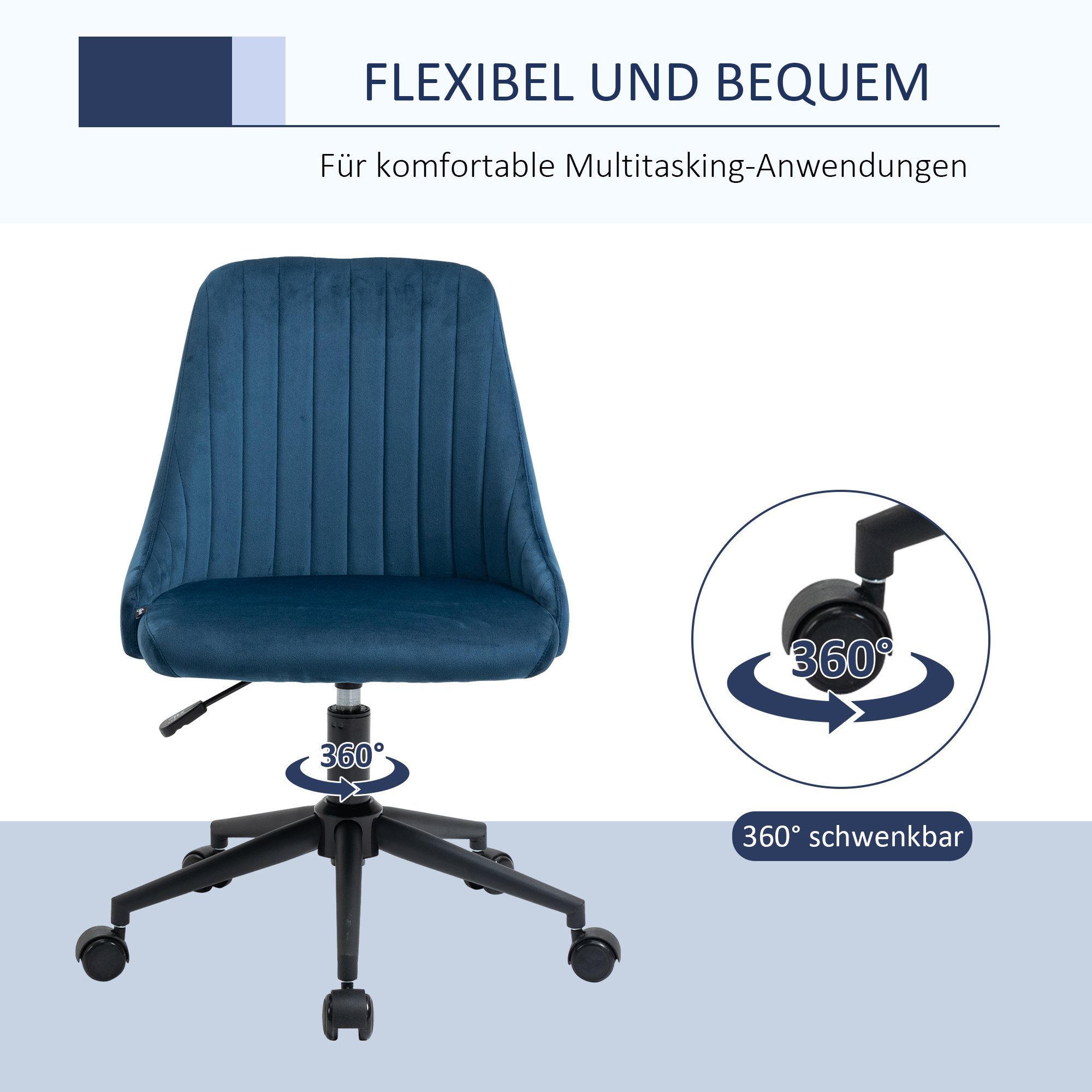 Vinsetto Bürostuhl Blau 1 Samtartiges Ergonomisches Liniendesign Polyester Rückenlehne, St), (Bürostuhl Bürostuhl mit Drehstuhl