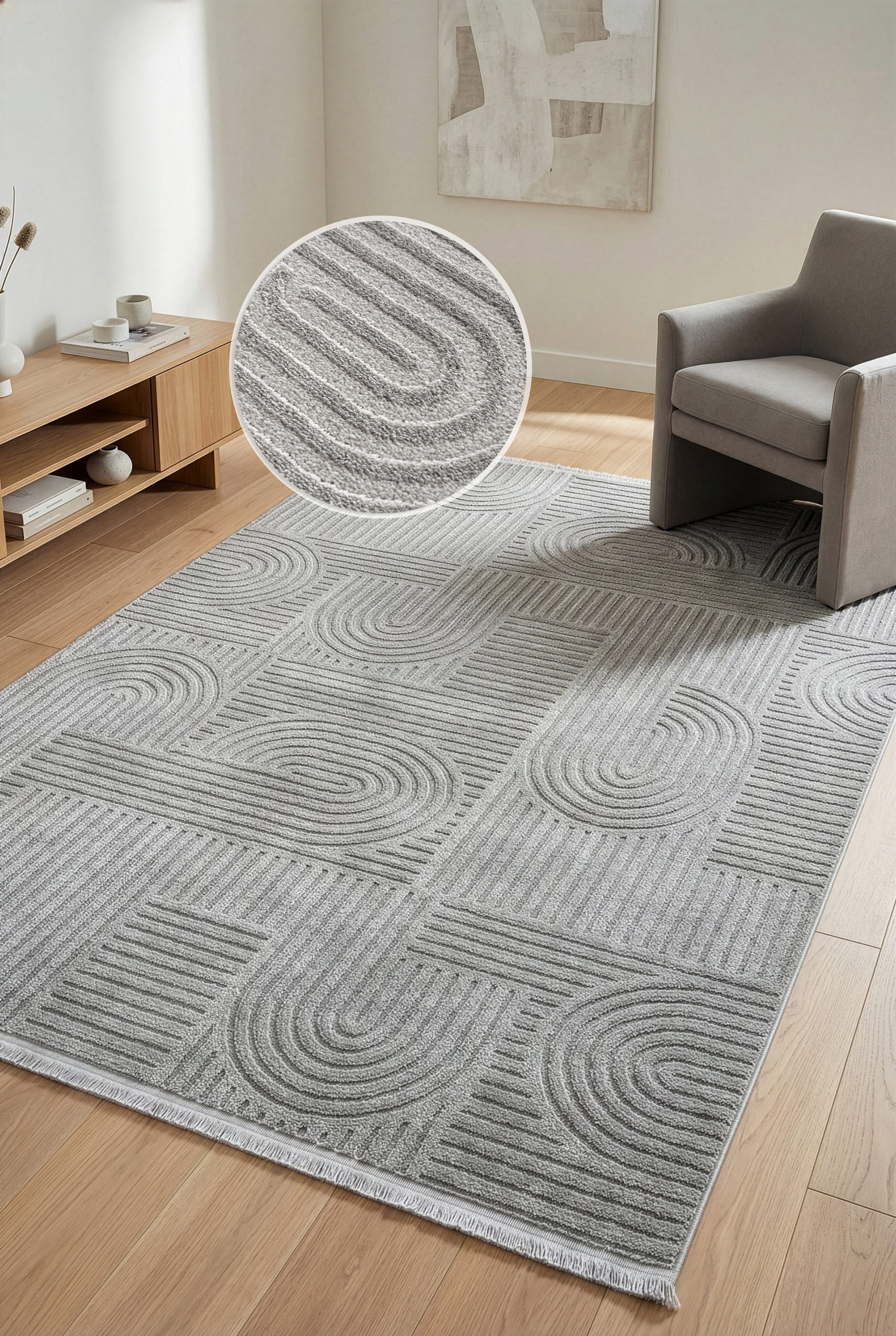 OTTO home Teppich Jonnis, mit Fransen, Boho-Design, Scandi, Designteppich, rechteckig, Höhe: 9 mm, Hoch-Tief, 3D Optik, skandinavischer Stil, Wohnzimmer, Schlafzimmer